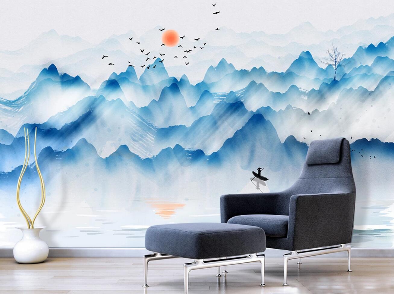 3D Blue Mountain WC684 Wall Murals