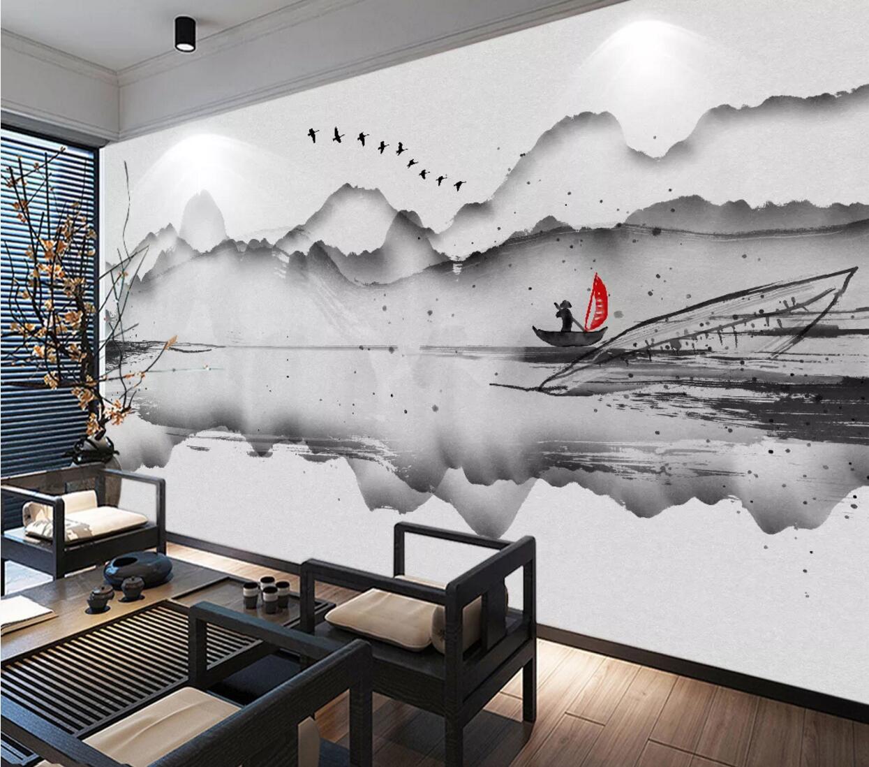 3D Ink Mountain Boat WC708 Wall Murals