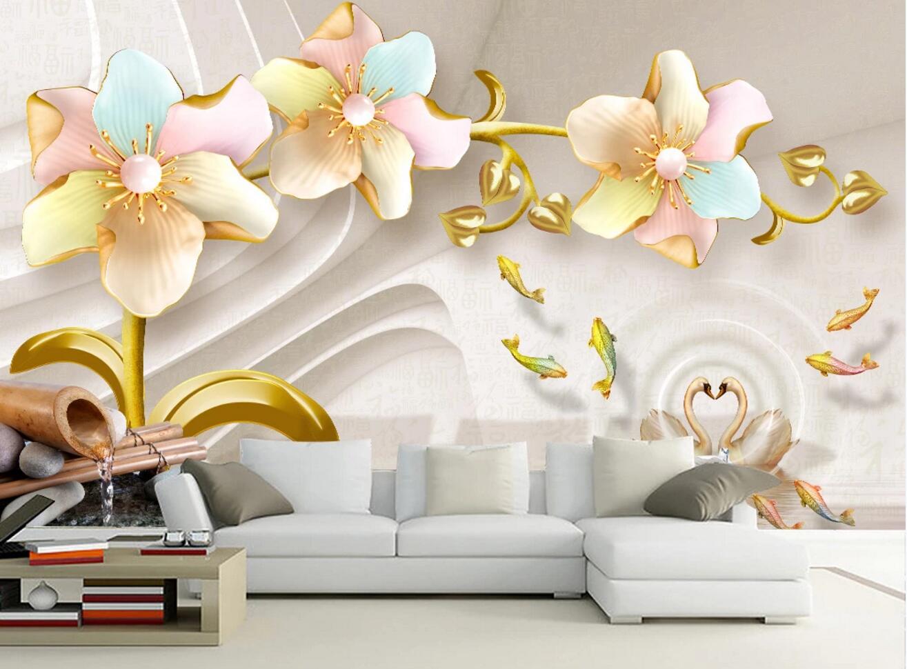3D Swan Goldfish WC693 Wall Murals