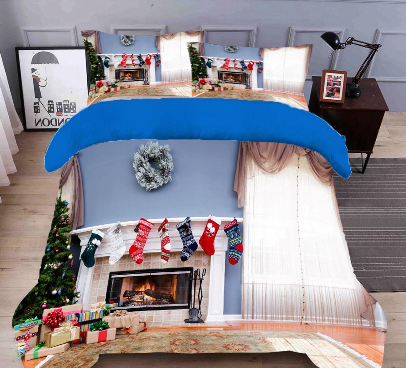3D Fireplace Socks 31203 Christmas Quilt Duvet Cover Xmas Bed Pillowcases