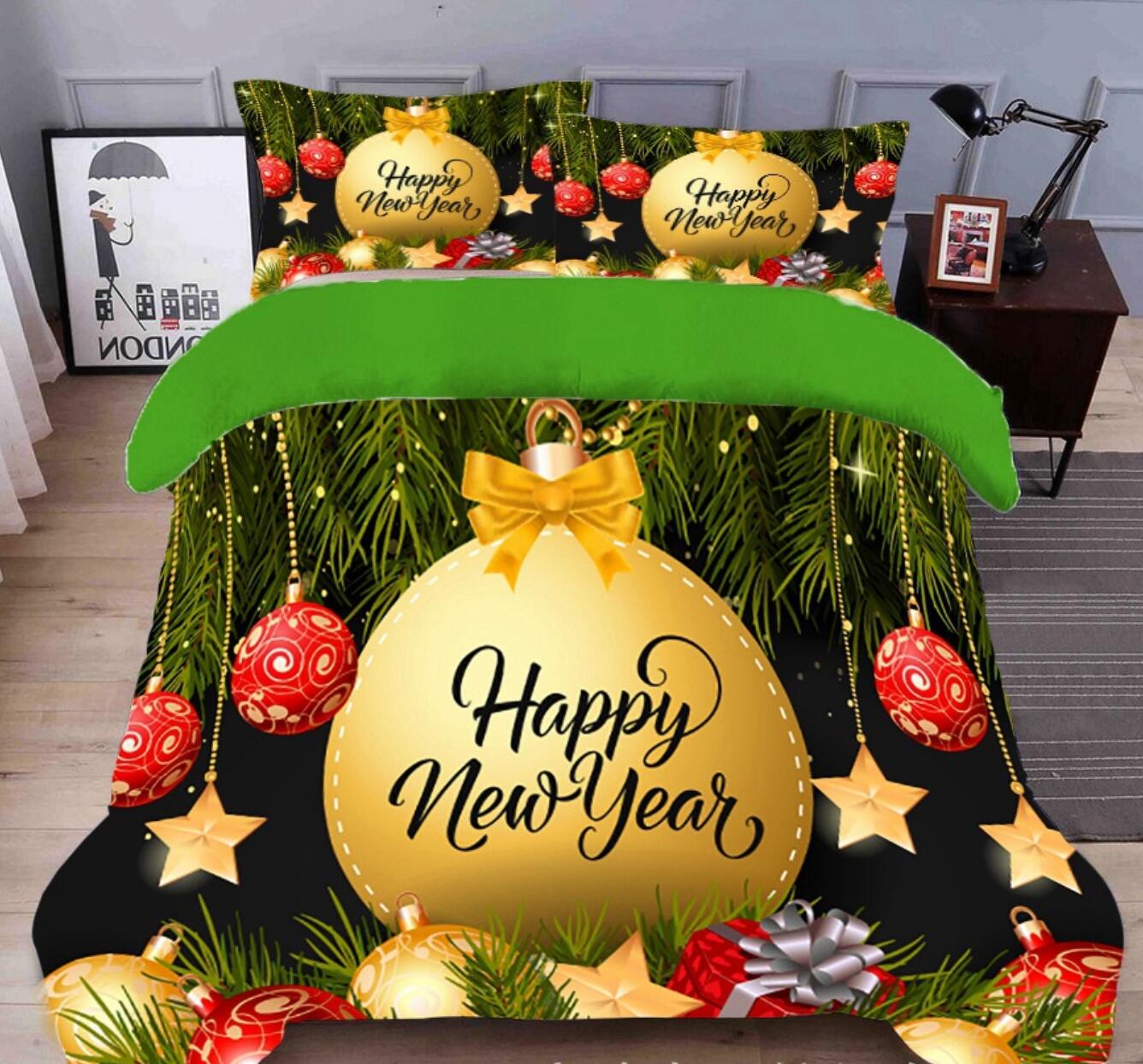 3D Golden Ball Five-Pointed Star 32018 Christmas Quilt Duvet Cover Xmas Bed Pillowcases