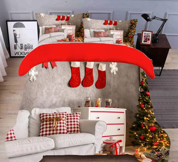 3D White Sofa Red Socks 32052 Christmas Quilt Duvet Cover Xmas Bed Pillowcases