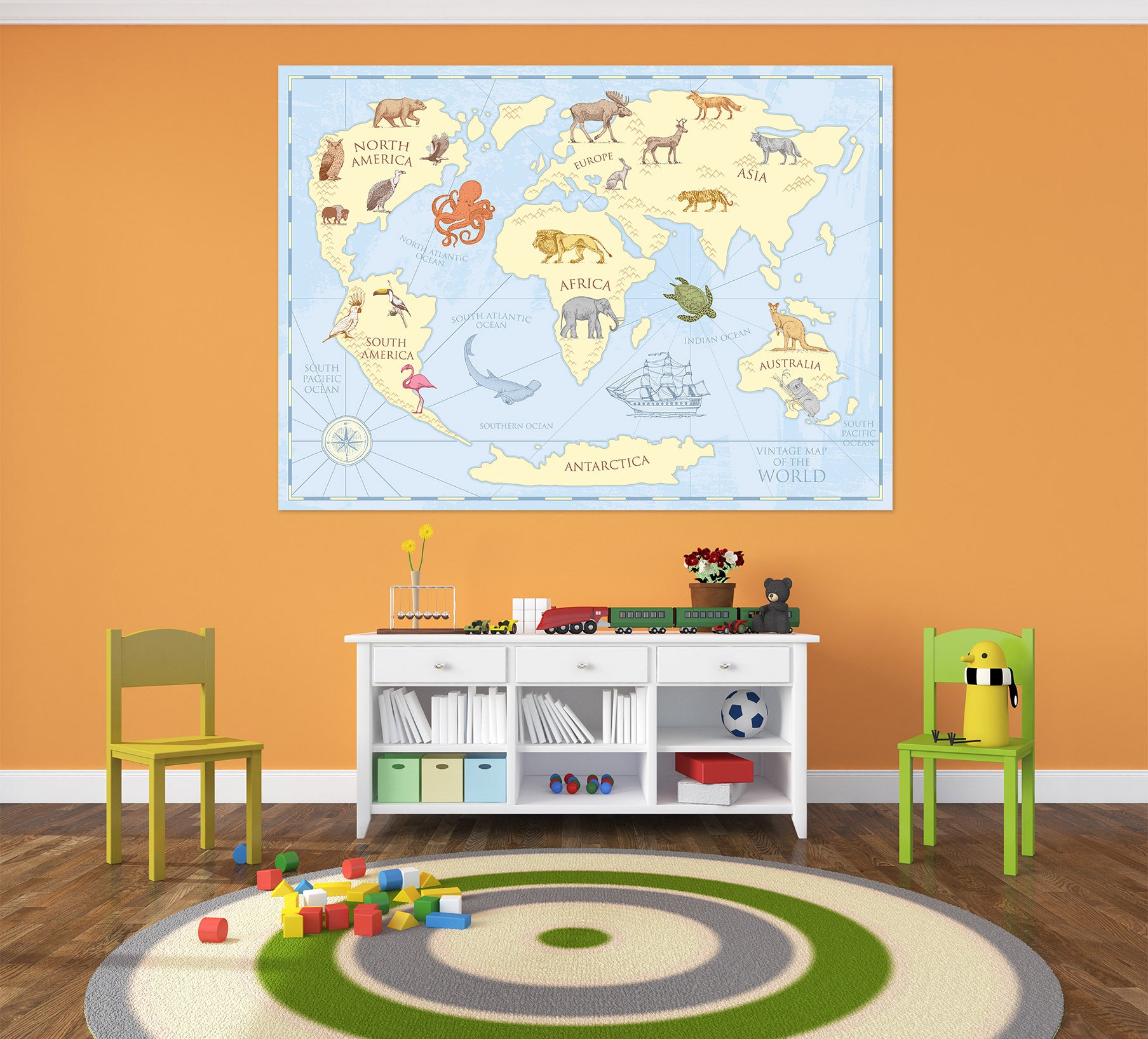 3D Cute Animal 262 World Map Wall Sticker