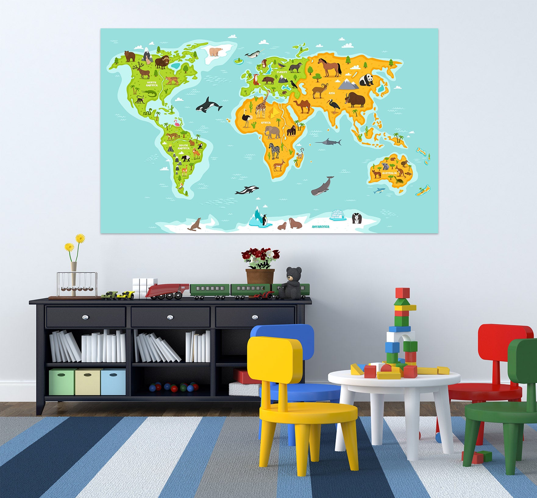 3D Colored Land 292 World Map Wall Sticker
