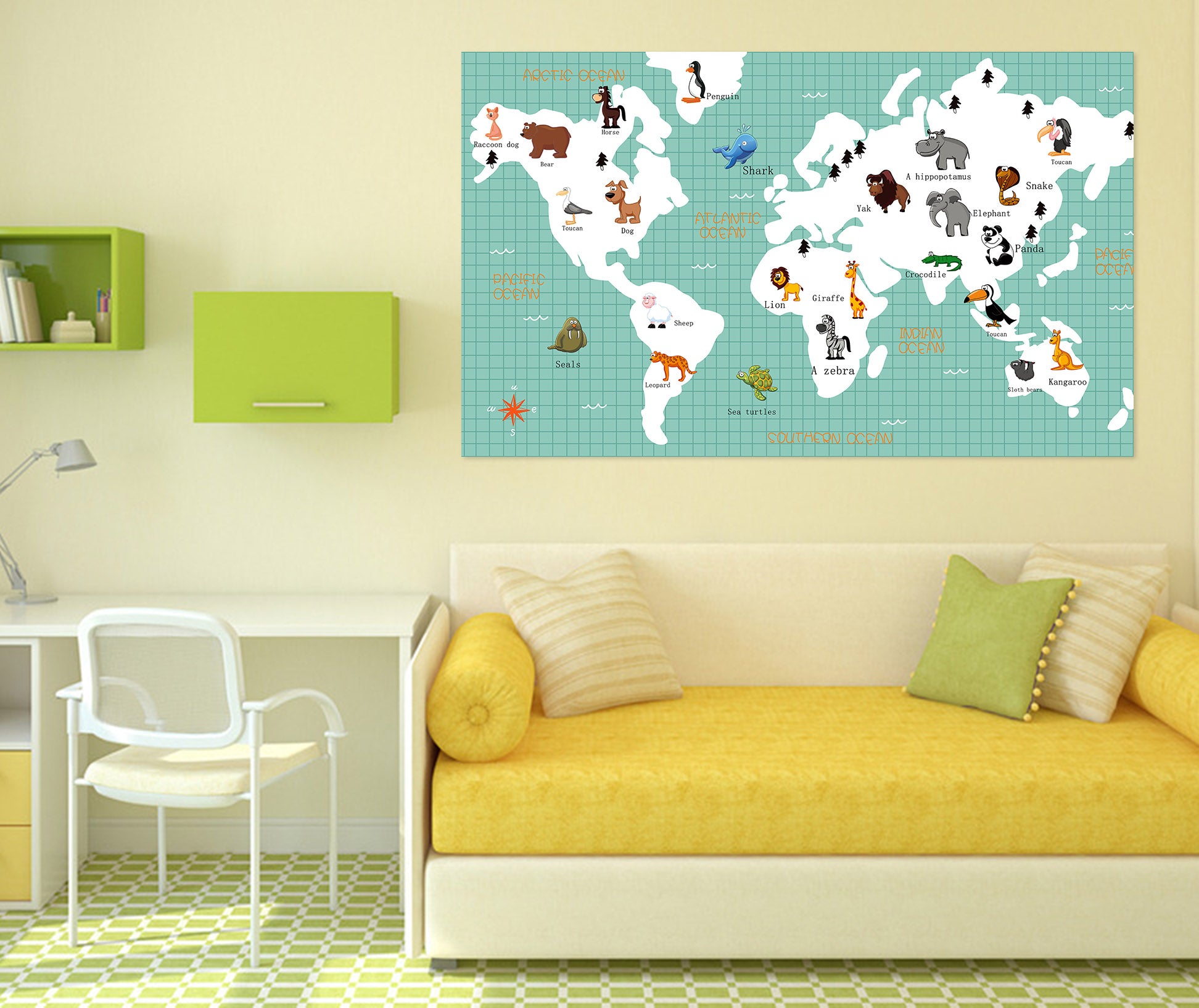3D Animal Picture 114 World Map Wall Sticker