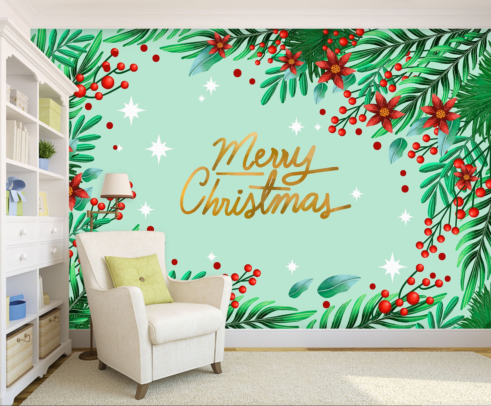 3D Merry Christmas From Tree Branches 57134 Wall Murals