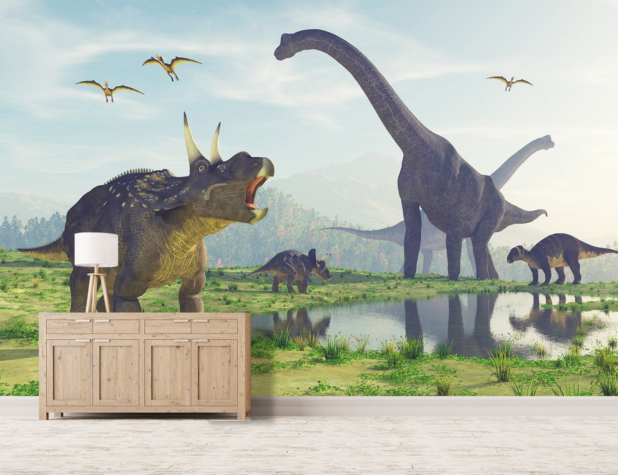3D Dinosaur Prairie Lake 209 Wallpaper AJ Wallpaper 