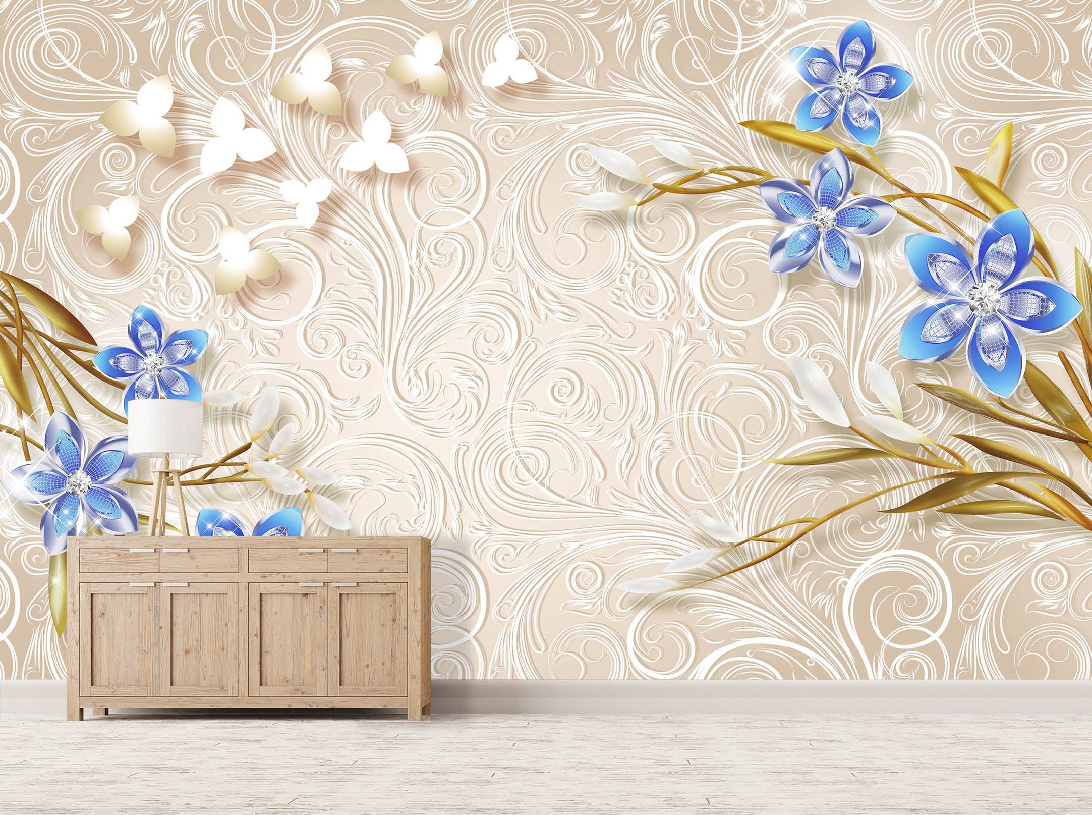 3D Blue Flowers 1480 Wall Murals