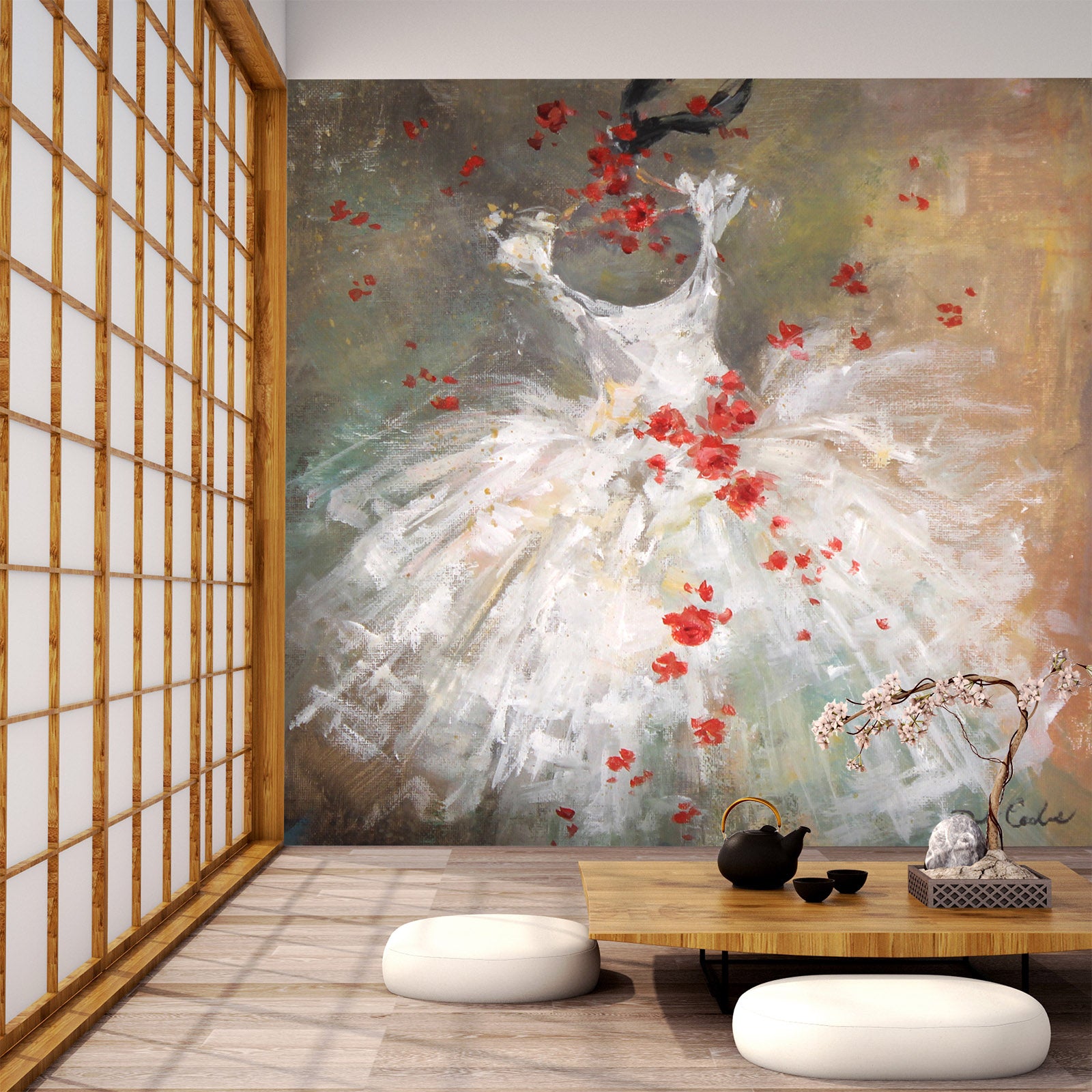 3D White Gauze Dress Red Petals 3116 Debi Coules Wall Mural Wall Murals