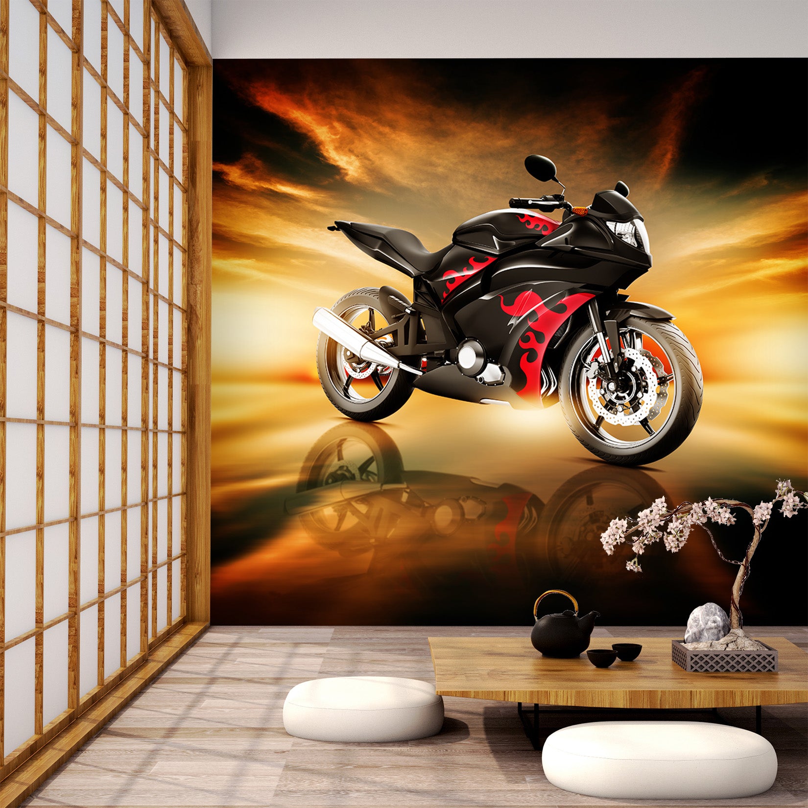 3D Sunset Motorcycle 030 Vehicle Wall Murals