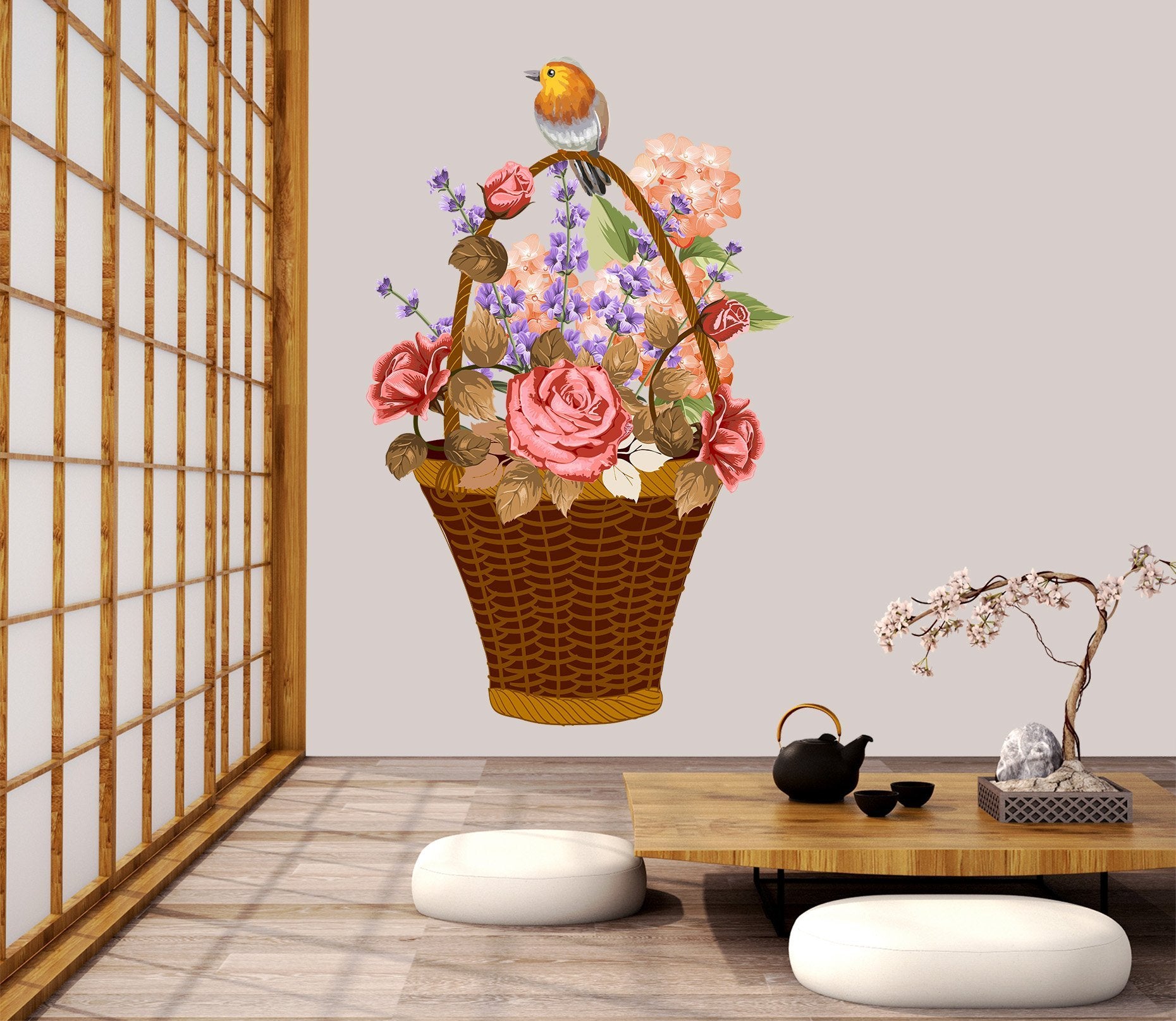 3D Flower Basket Pink 030 Wall Stickers Wallpaper AJ Wallpaper 