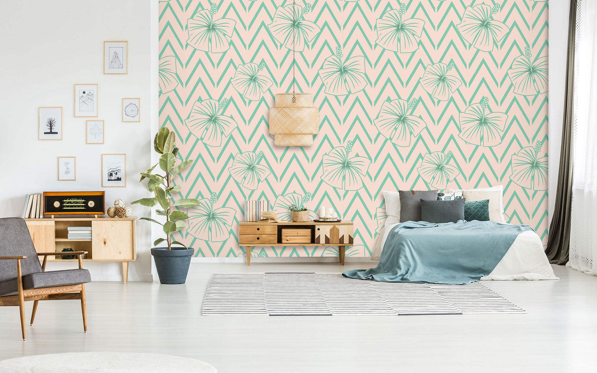 3D Green Line Flowers 98128 Kasumi Loffler Wall Mural Wall Murals