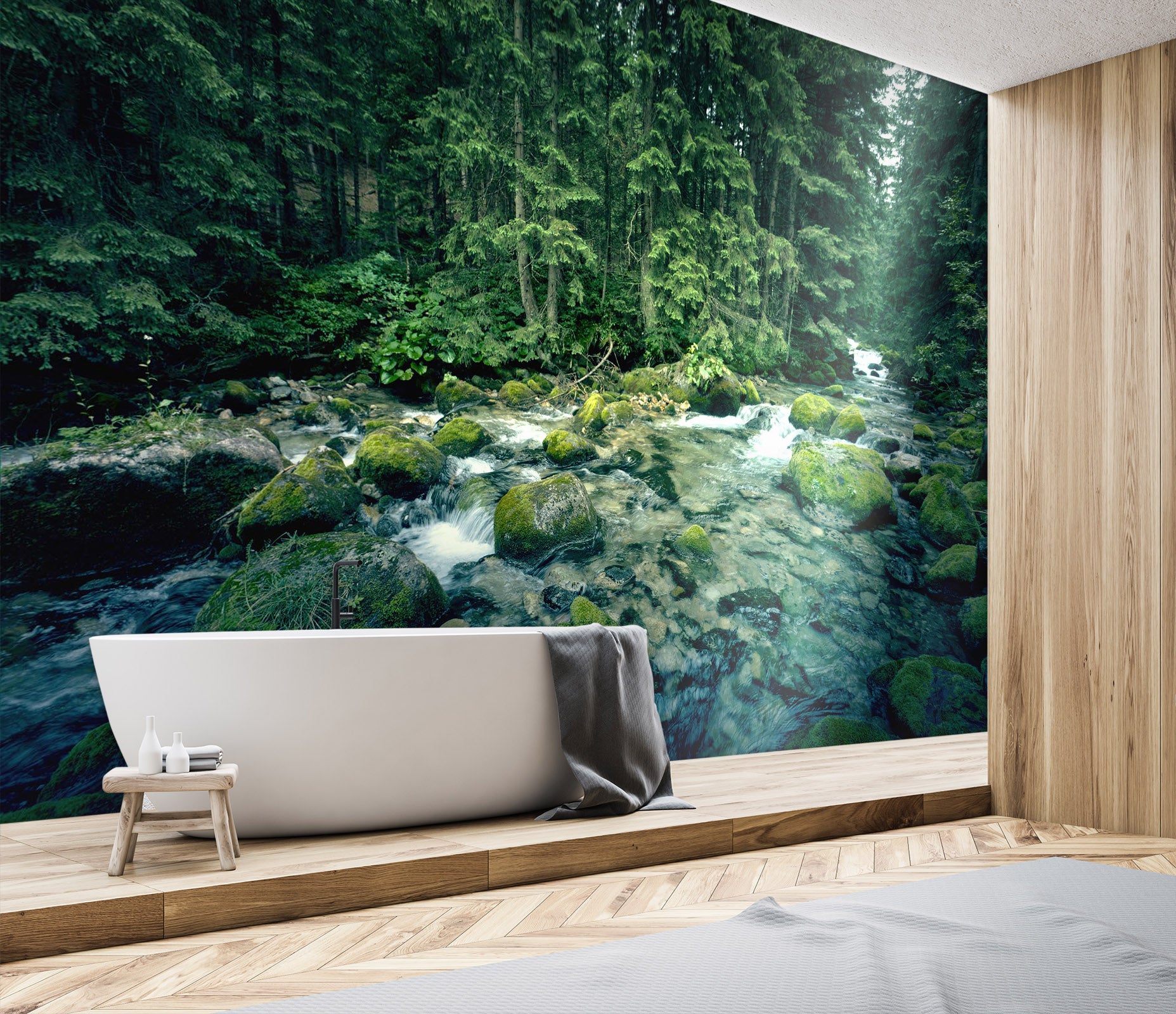 3D River Moss Forest 121 Wall Murals