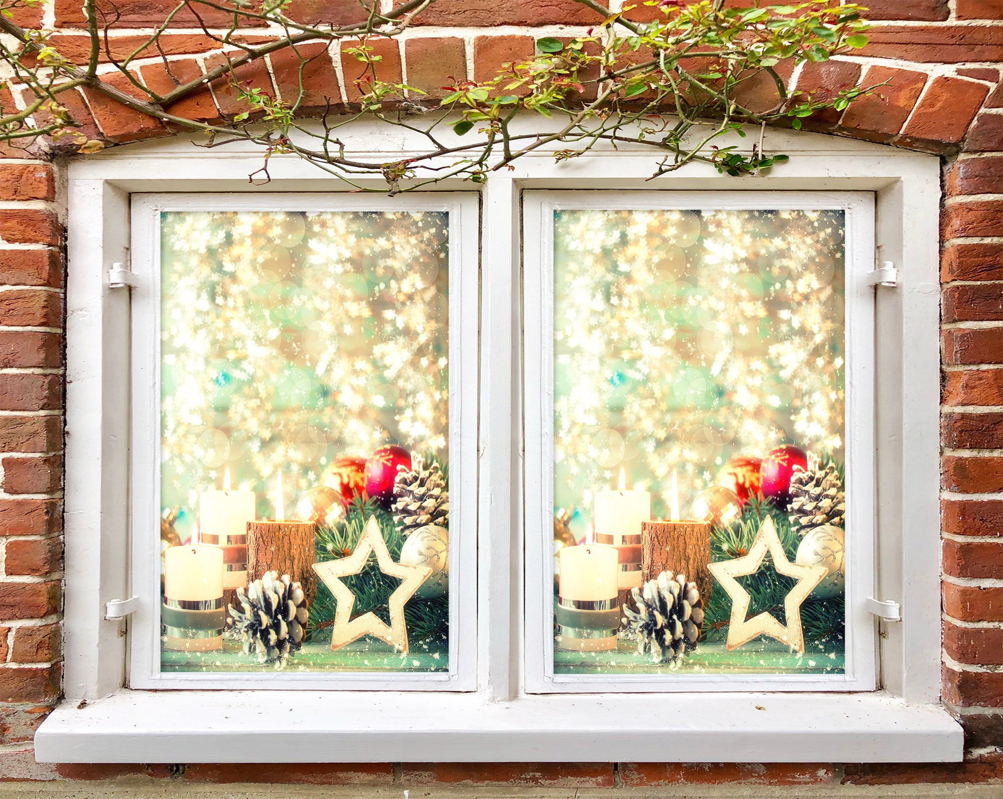 3D Five-Pointed Star Pine Cone 30022 Christmas Window Film Print Sticker Cling Stained Glass Xmas