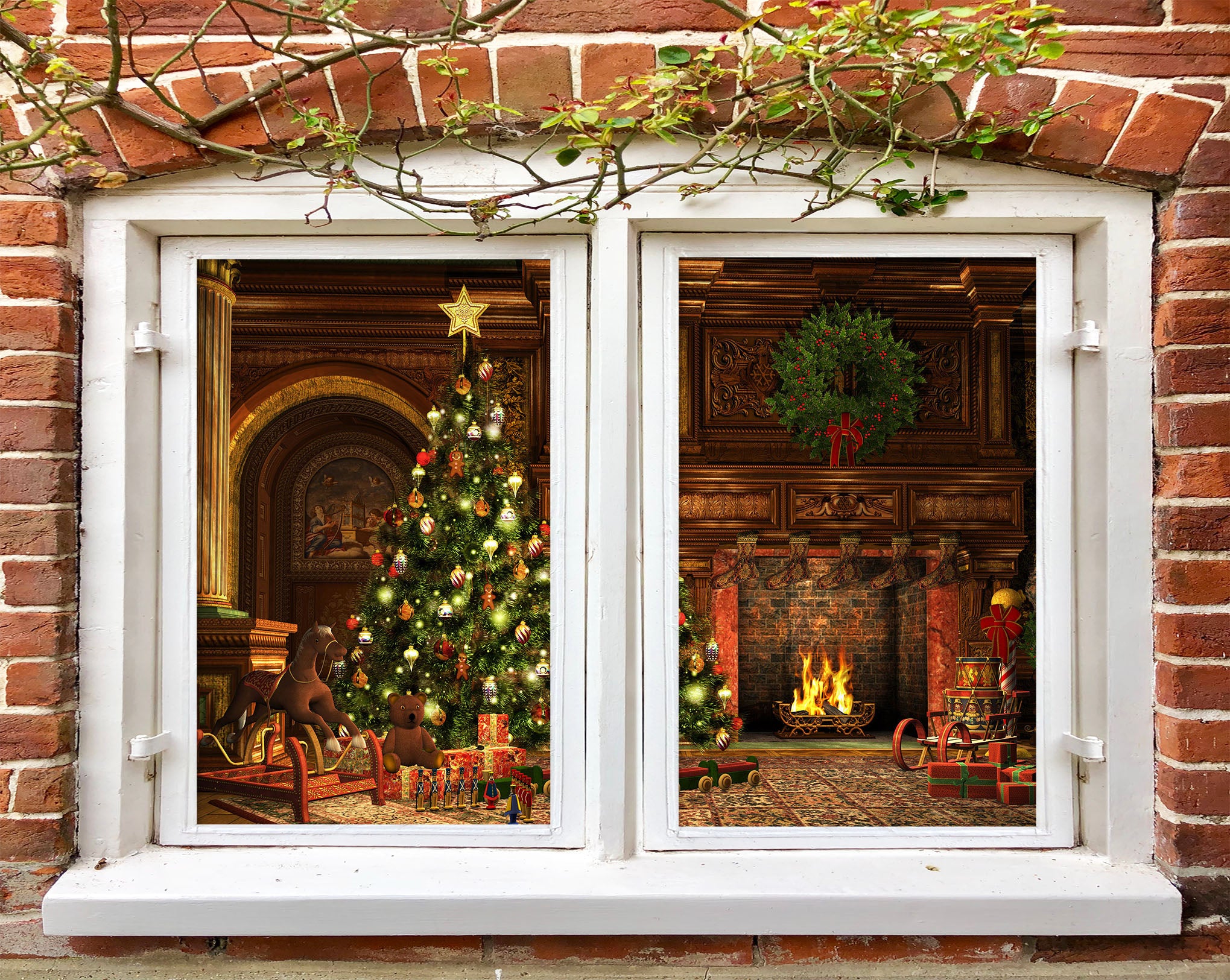 3D Tree Fireplace 30013 Christmas Window Film Print Sticker Cling Stained Glass Xmas