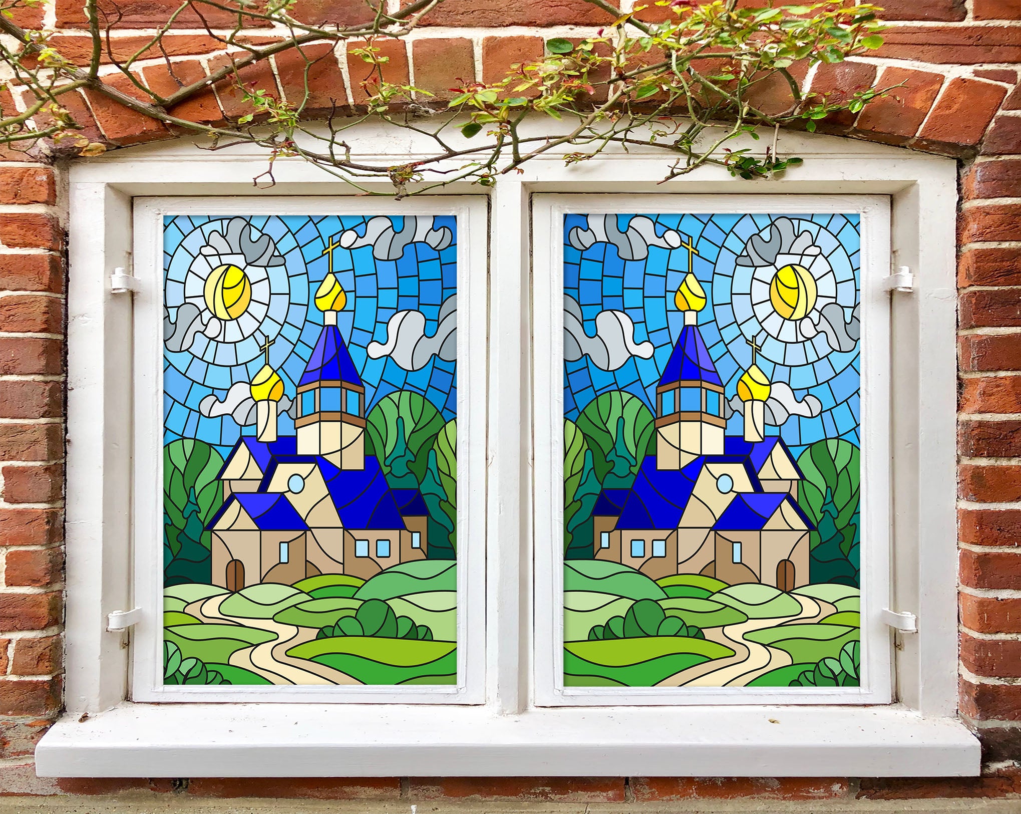 3D Blue House 202 Window Film Print Sticker Cling Stained Glass UV Block