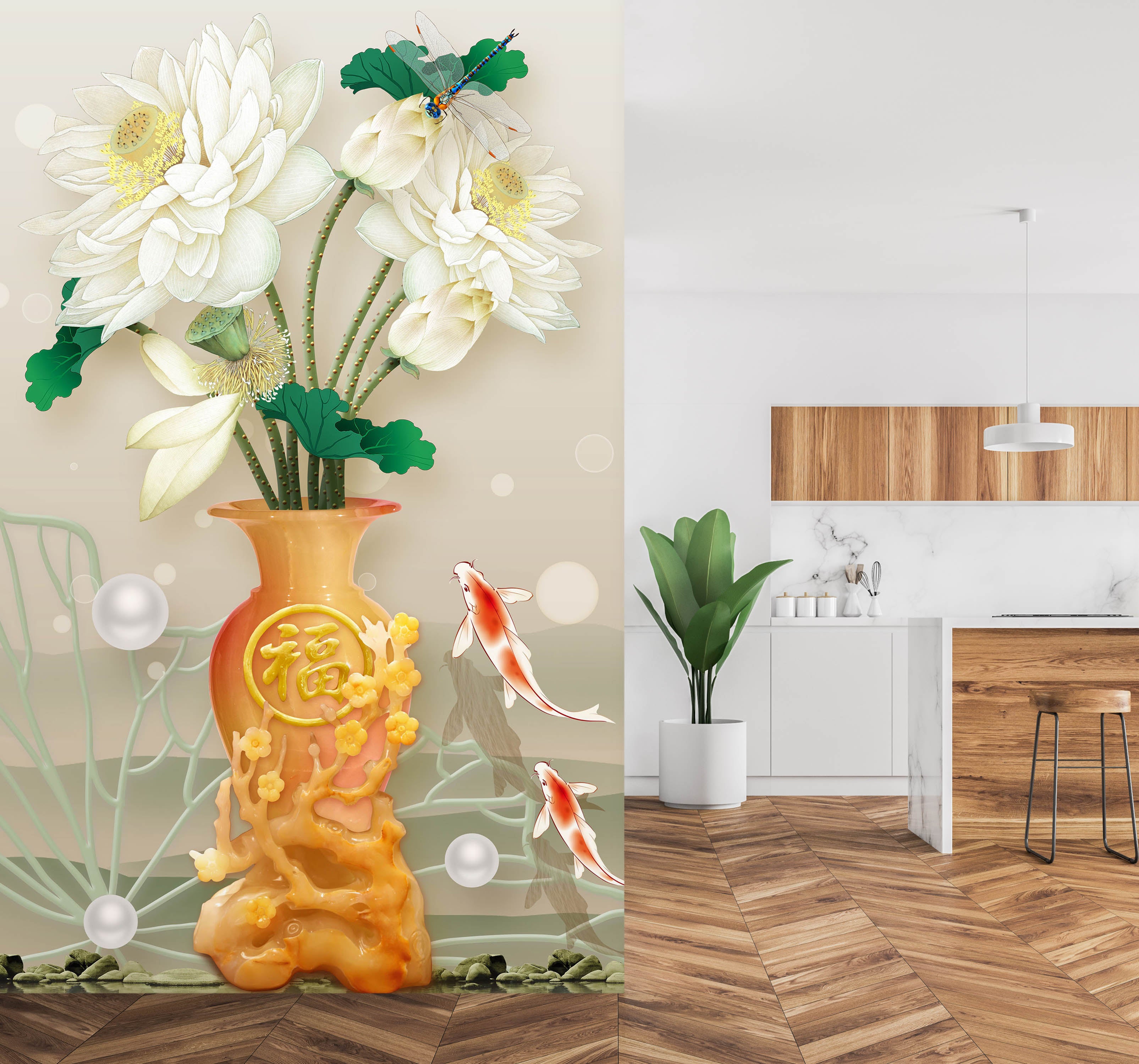 3D Flowers Goldfish 1862 Wall Murals