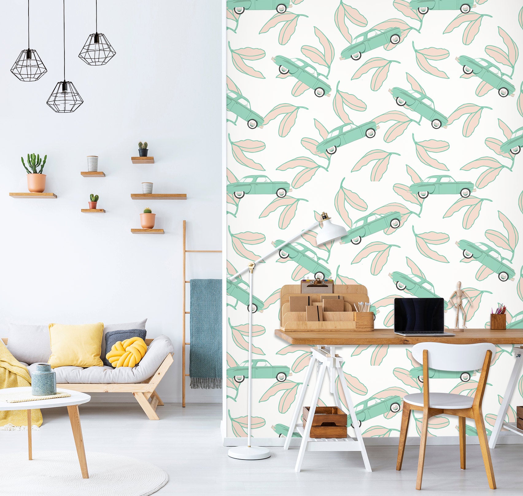 3D Green Car Leaves Pattern 98131 Kasumi Loffler Wall Mural Wall Murals