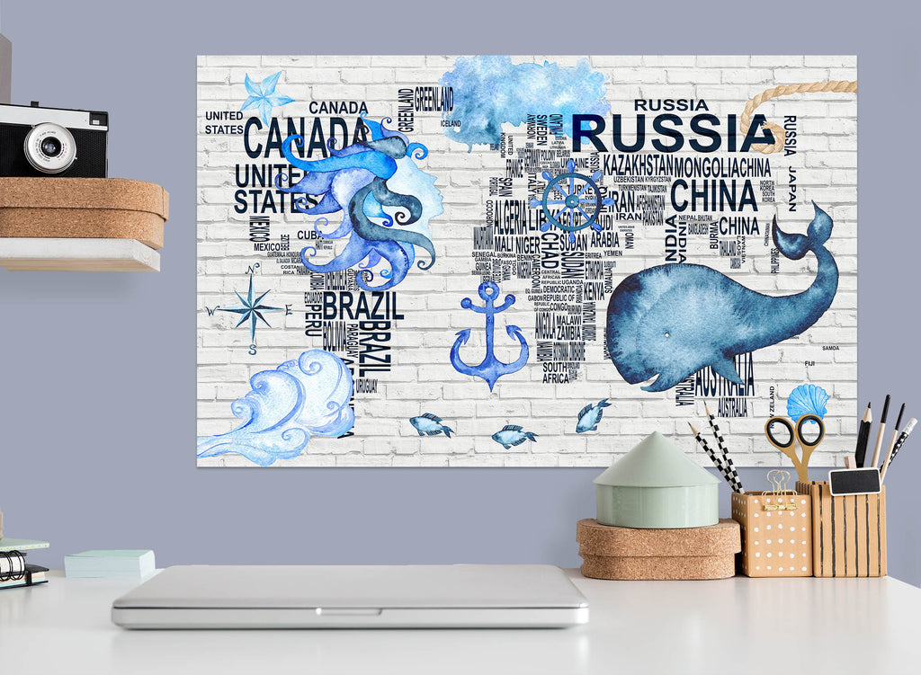 Blue W Map Sticker 3D Blue Whale 116 World Map Wall Sticker | AJ Wallpaper