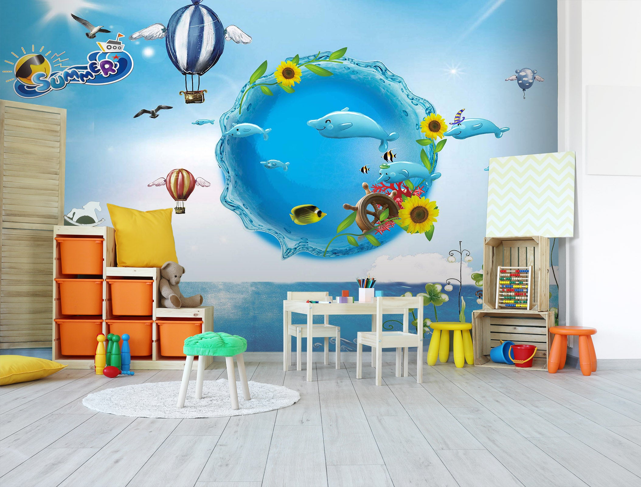 3D Dolphin Sunflower 257 Wall Murals