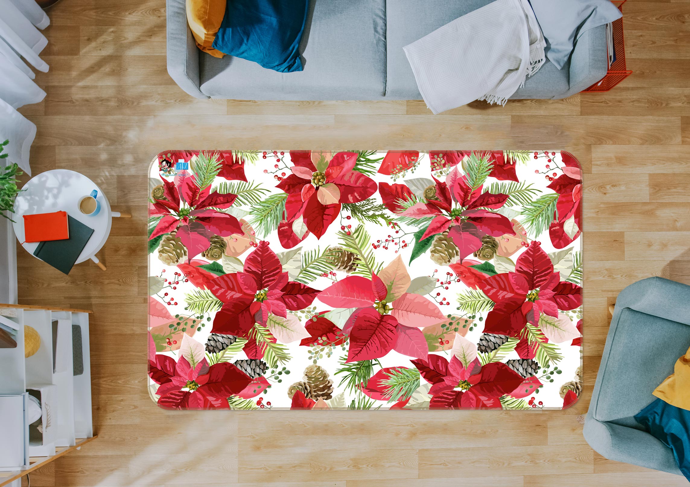 3D Red Leaves Flowers 56128 Christmas Non Slip Rug Mat Xmas