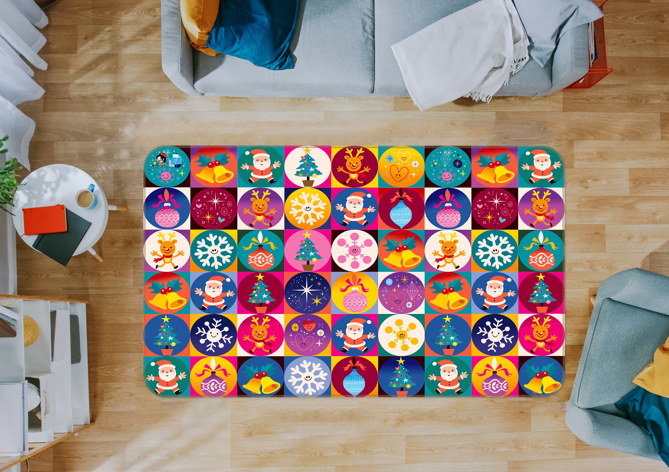 3D Color Circle Snowflake Bell Pattern 56114 Christmas Non Slip Rug Mat Xmas
