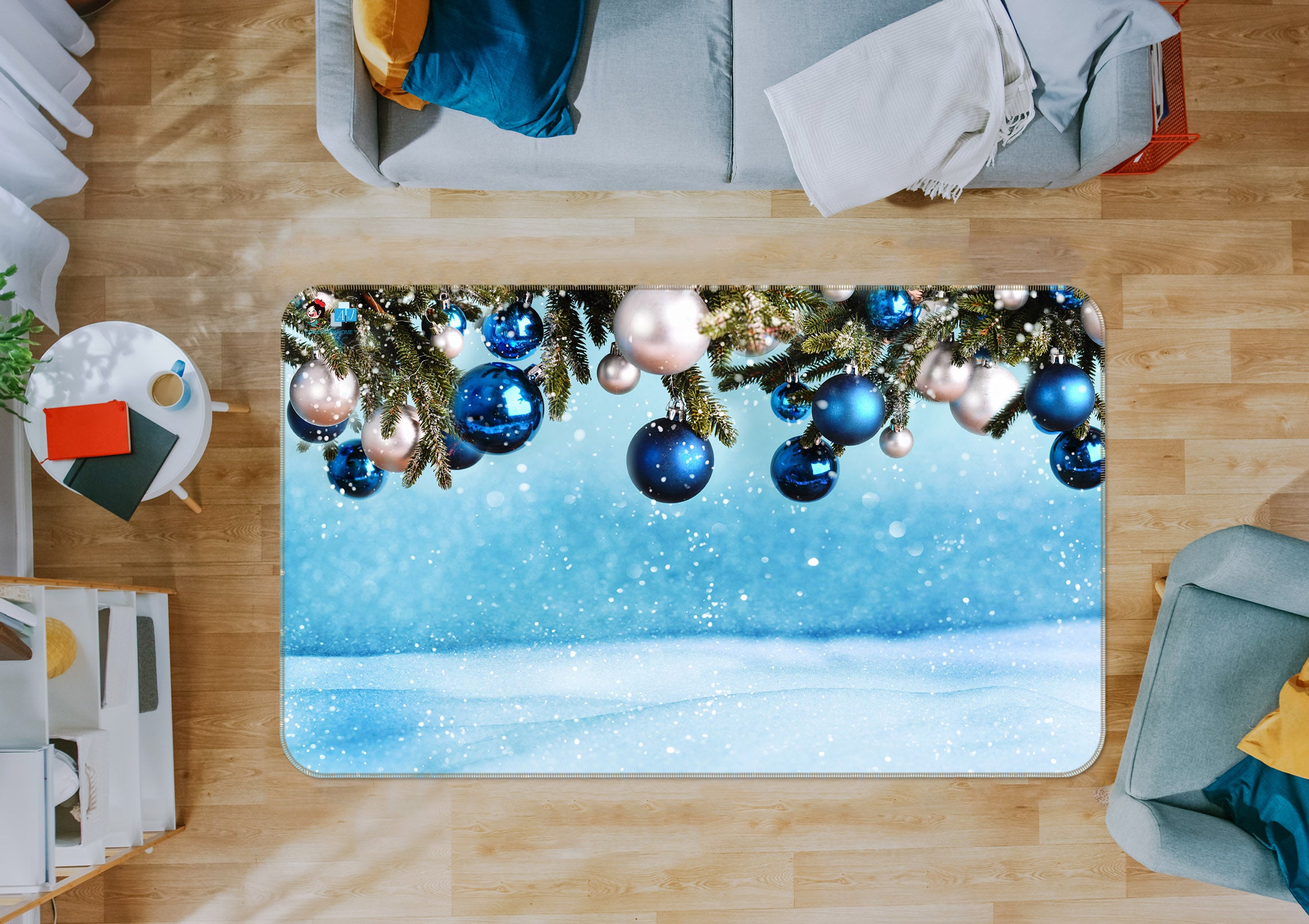 3D Branches Blue Ball 56245 Christmas Non Slip Rug Mat Xmas