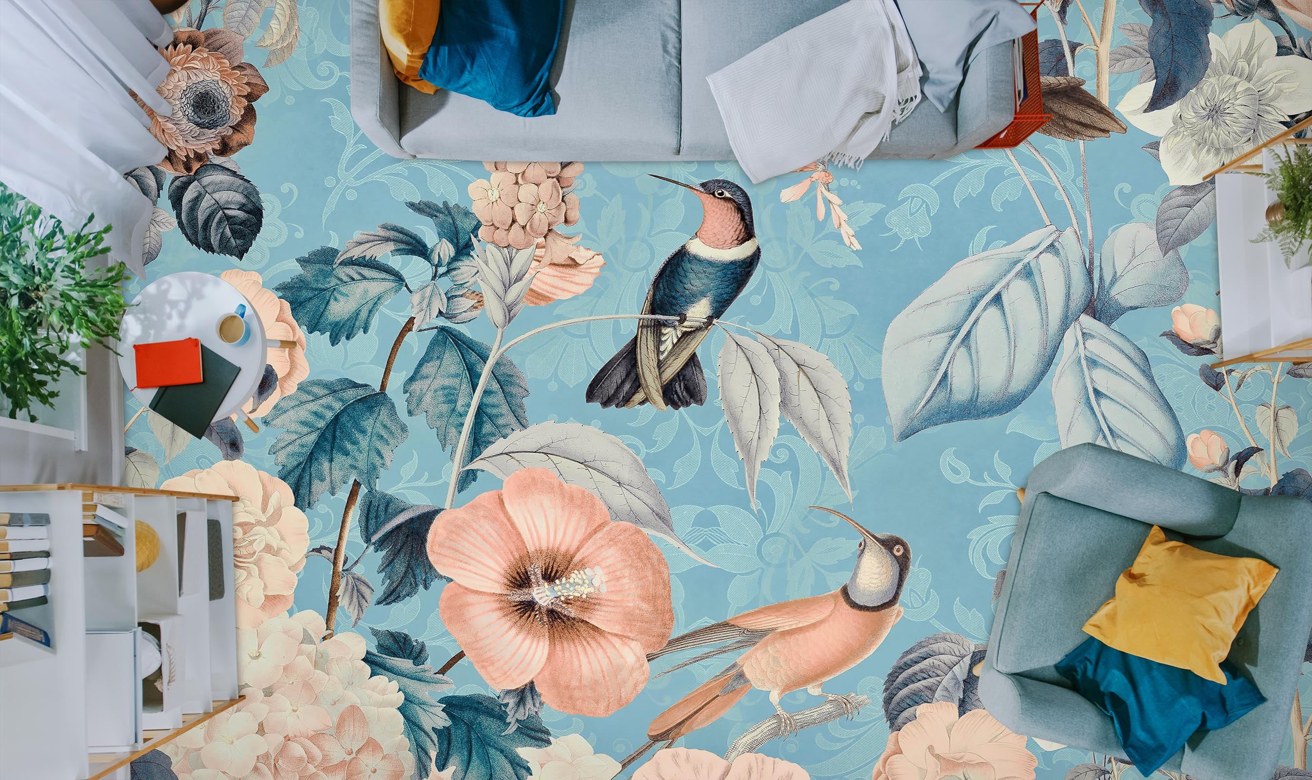 3D Flower Bird Blue 104152 Andrea Haase Floor Mural  Wallpaper Murals Self-Adhesive Removable Print Epoxy