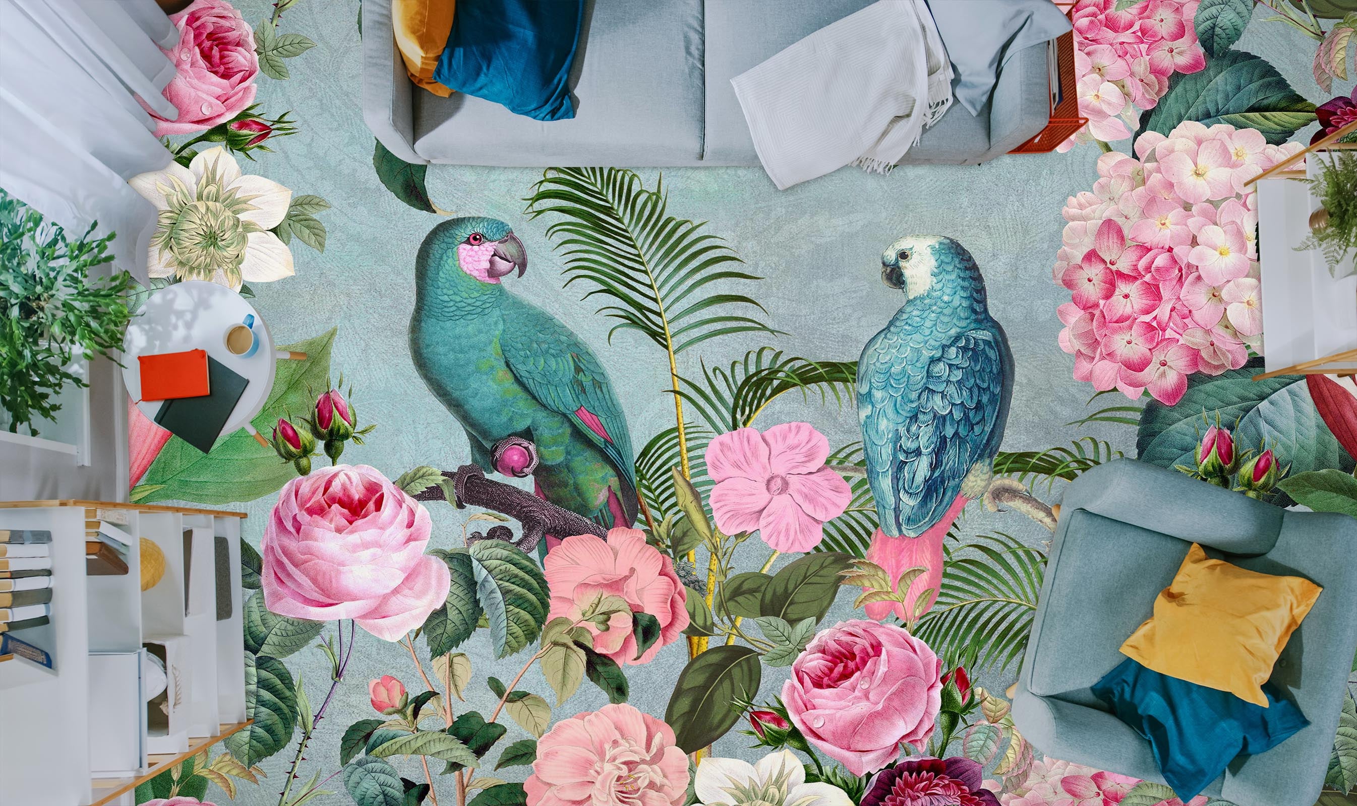 3D Flower Bush Parrot 104157 Andrea Haase Floor Mural  Wallpaper Murals Self-Adhesive Removable Print Epoxy