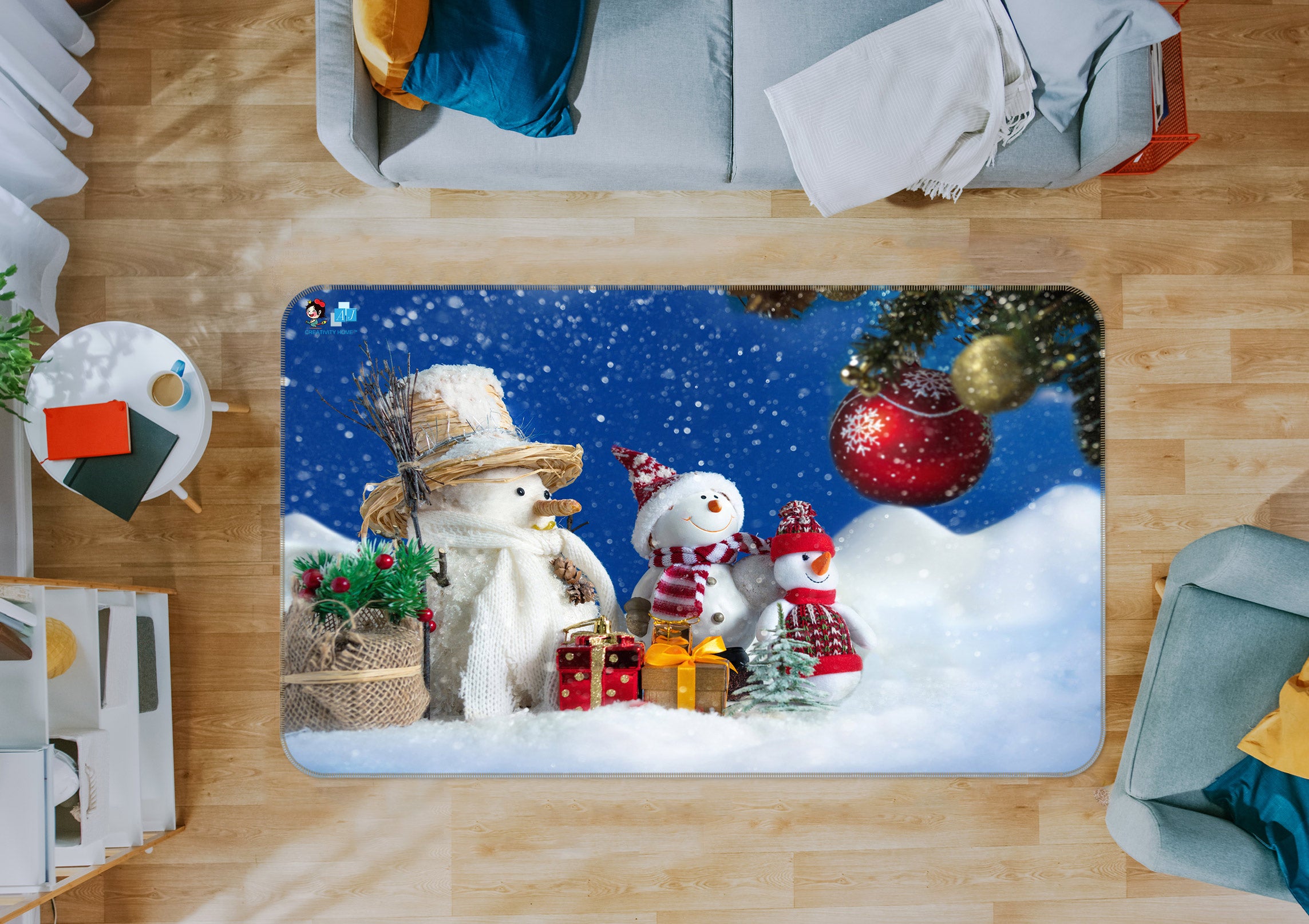 3D Two Snowmen 56169 Christmas Non Slip Rug Mat Xmas