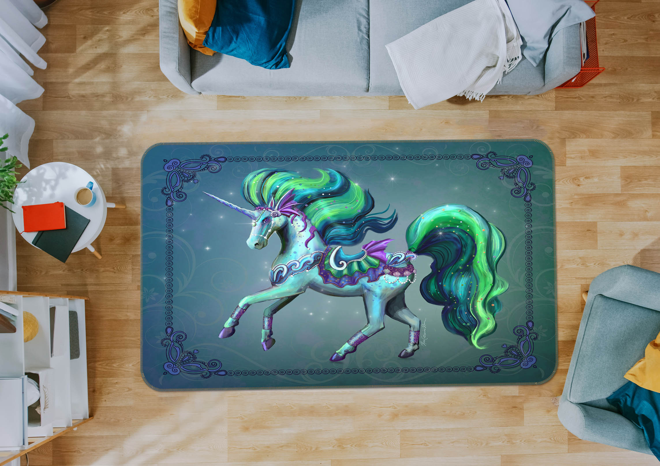 3D Green Unicorn 3015 Rose Catherine Khan Rug Non Slip Rug Mat