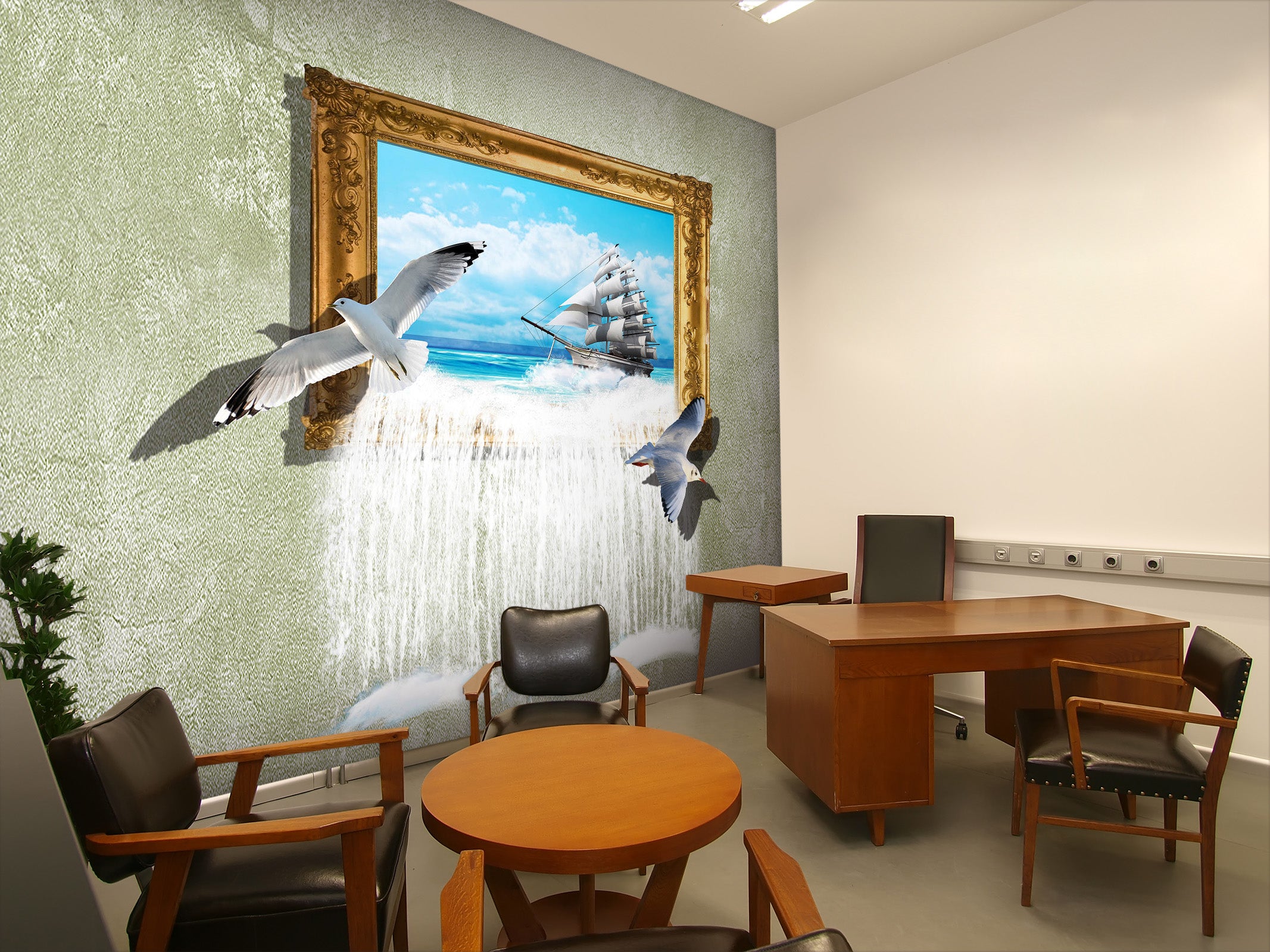 3D Boat Seagull 023 Wall Murals