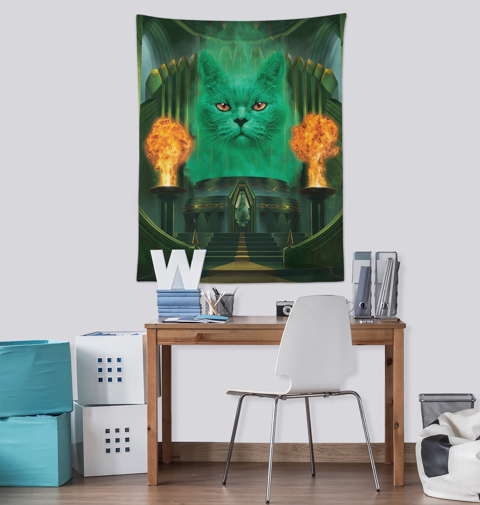 3D Green Cat Fire 116214 Vincent Tapestry Hanging Cloth Hang