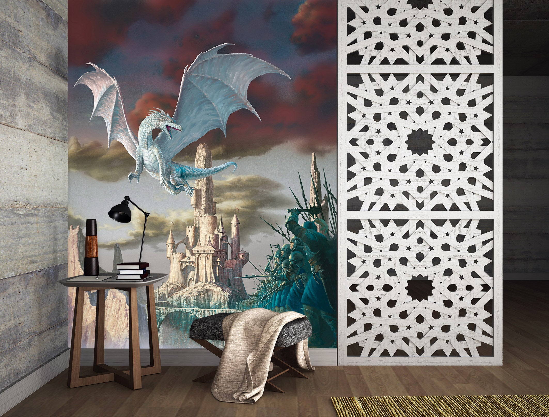 3D Castle White Dragon 7087 Ciruelo Wall Mural Wall Murals