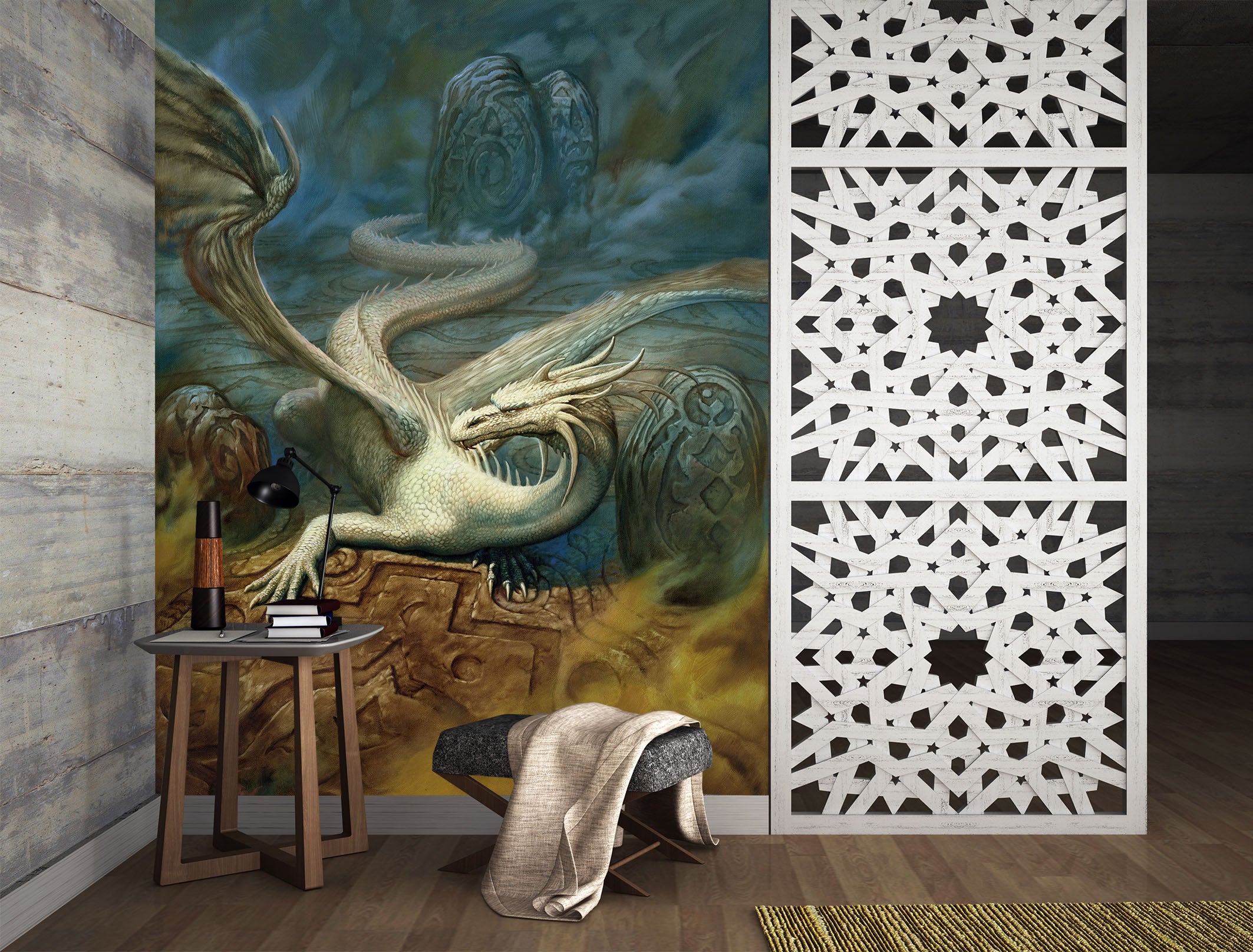 3D White Big Dragon 7137 Ciruelo Wall Mural Wall Murals