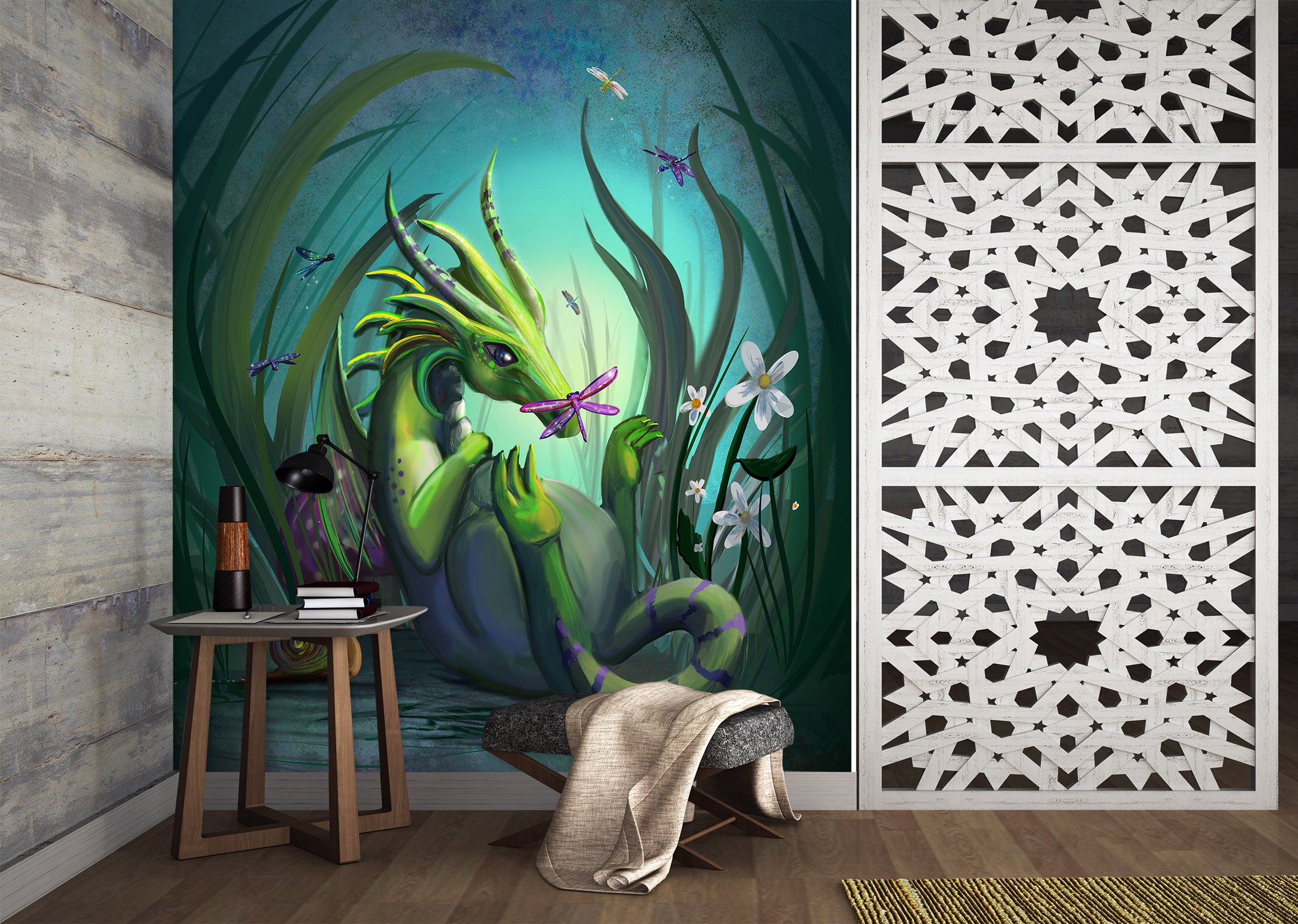 3D Green Dragon 1401 Rose Catherine Khan Wall Mural Wall Murals