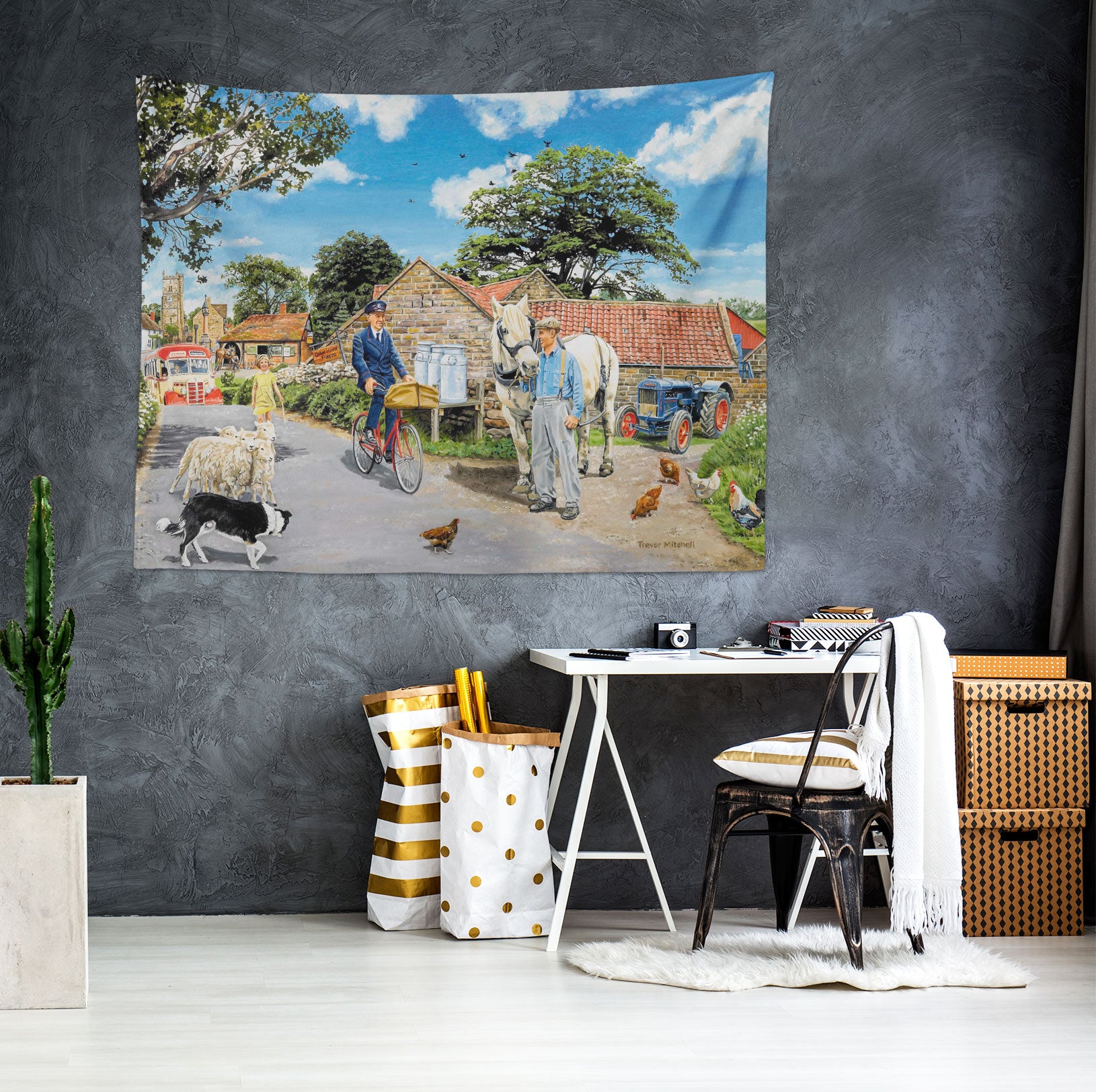 3D Village Dog Chicken Sheep Farmer 11277 Trevor Mitchell Tapestry Hanging Cloth Hang