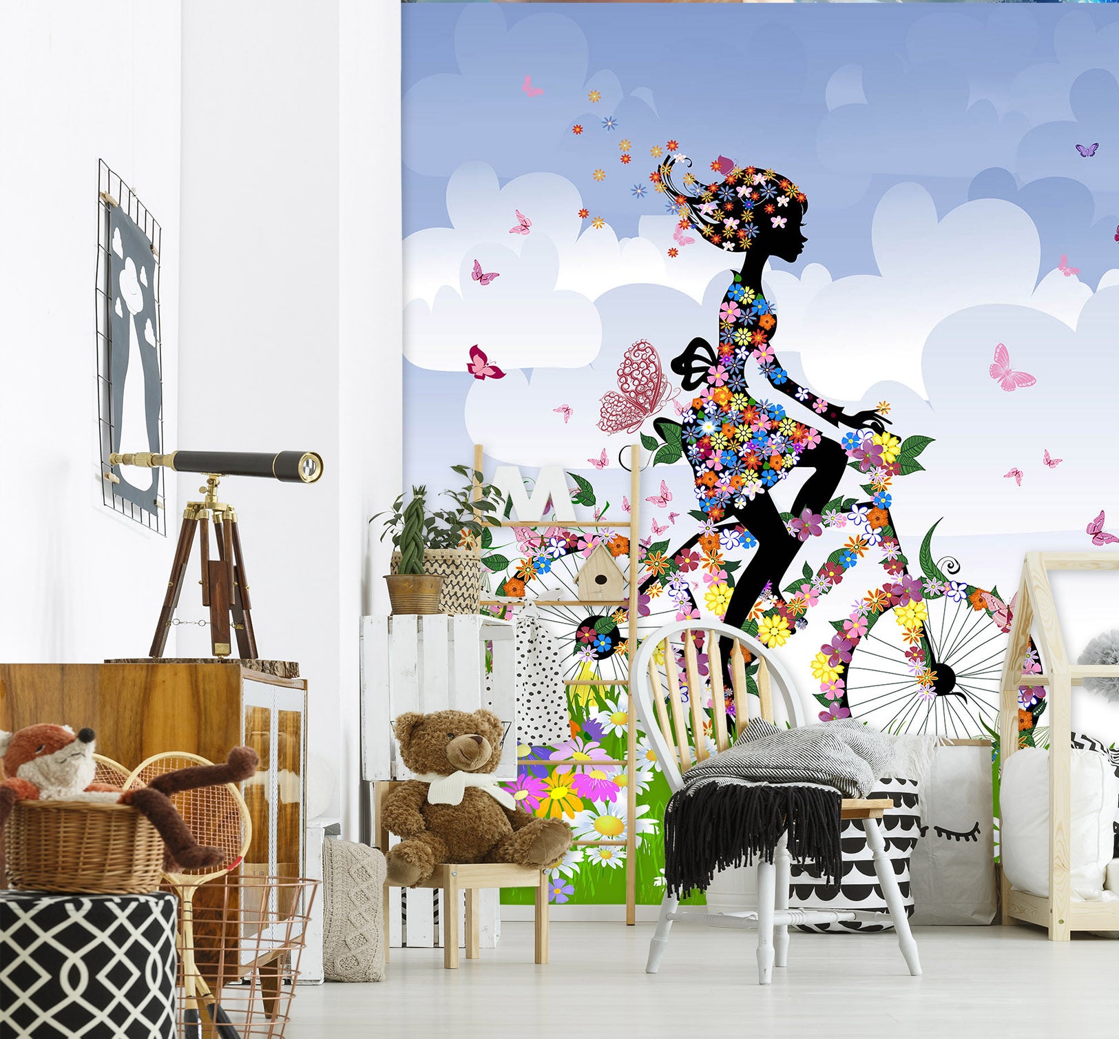 3D Flower Girl Bicycle 005 Wall Murals