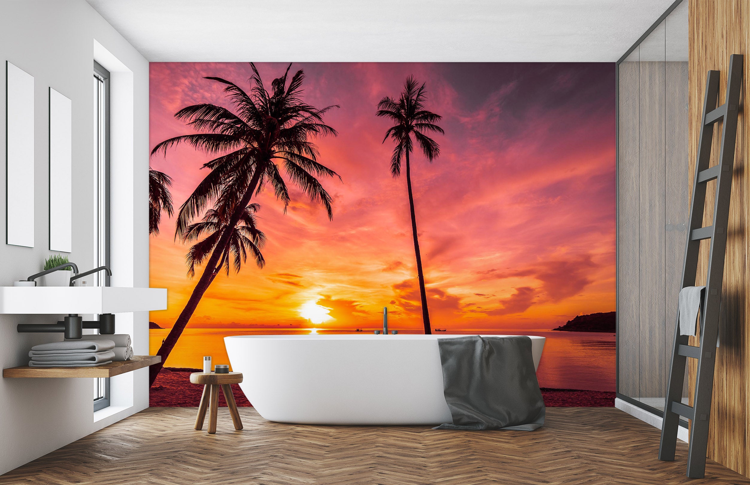 3D Sunset Sea Tree 125 Wall Murals