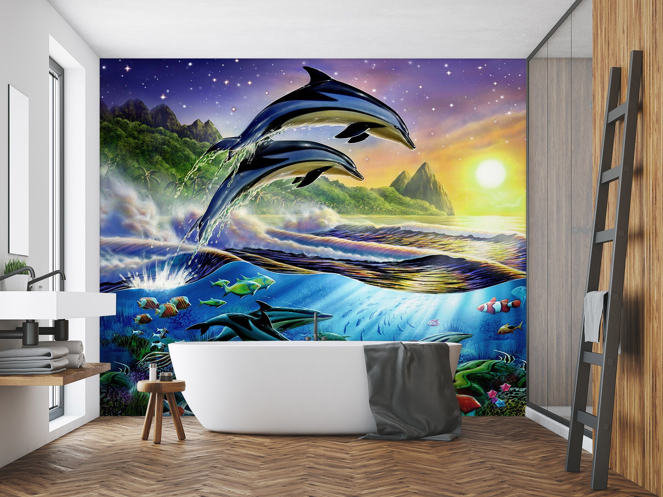 3D Sunset Dolphin 1399 Adrian Chesterman Wall Mural Wall Murals