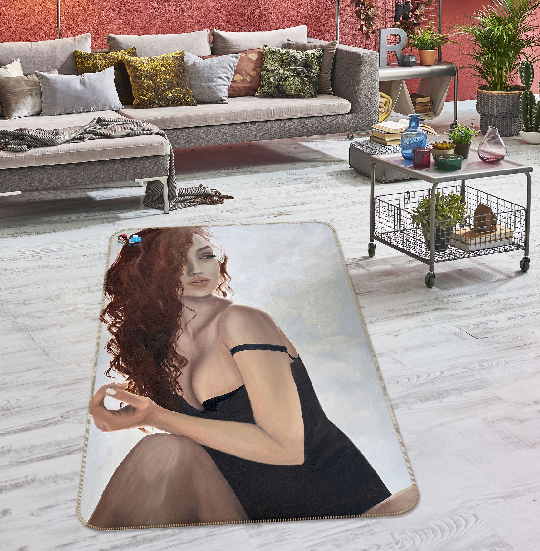 3D Curly Hair Black Dress Woman 9713 Marina Zotova Rug Non Slip Rug Mat