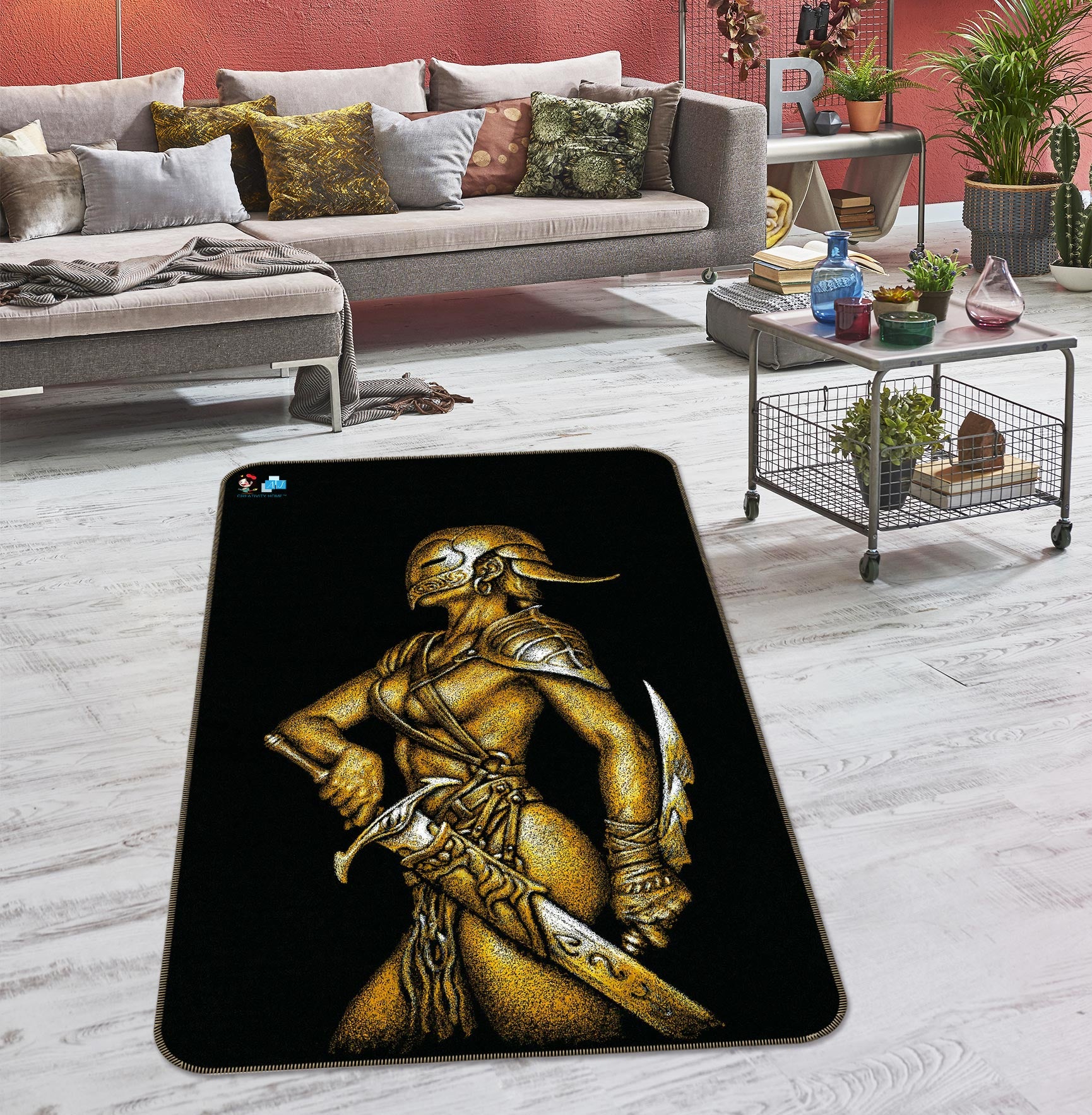 3D Sword Mask Warrior 6026 Ciruelo Rug Non Slip Rug Mat