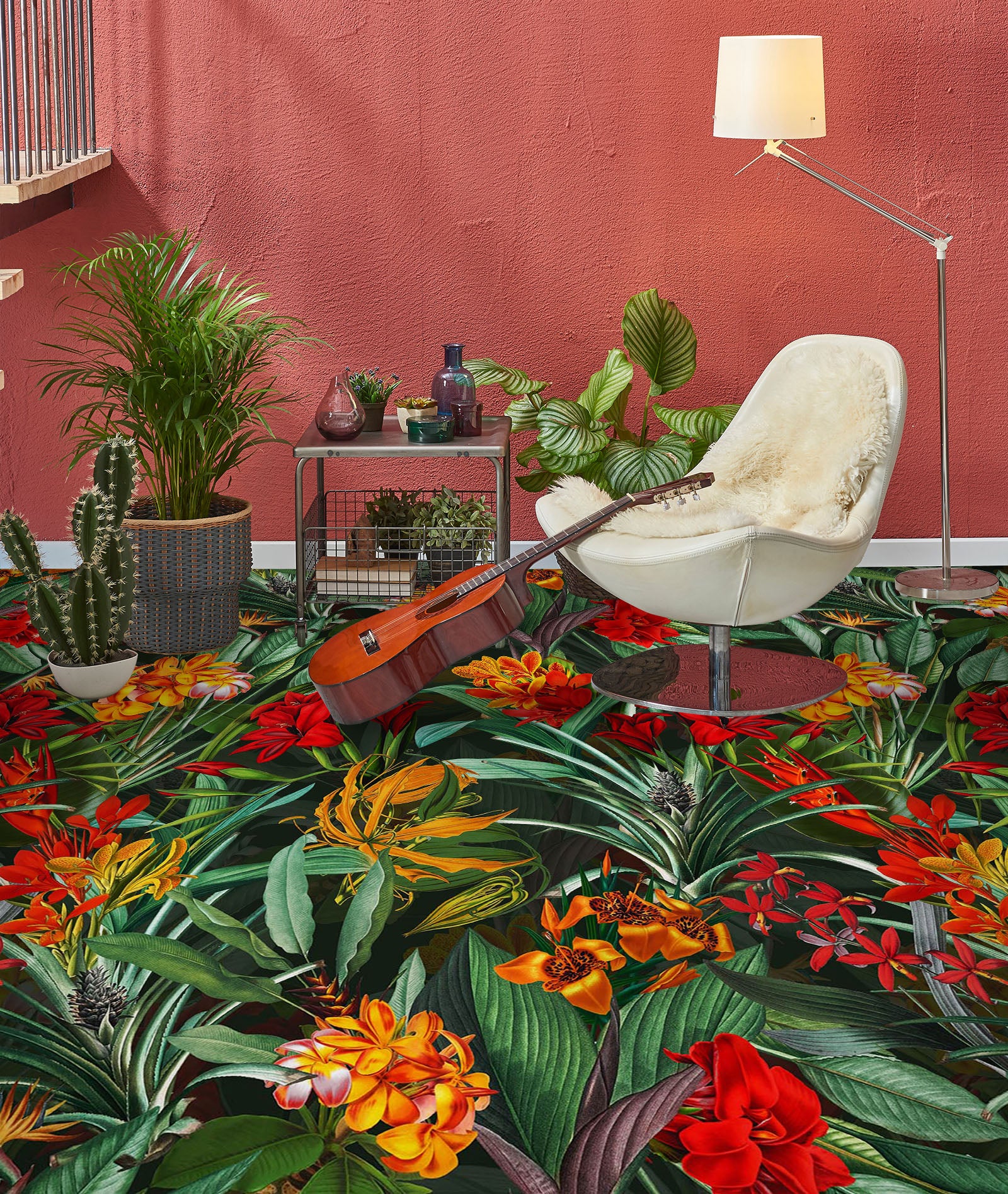 3D Red Flowers Leaves 99194 Uta Naumann Floor Mural  Wallpaper Murals Self-Adhesive Removable Print Epoxy