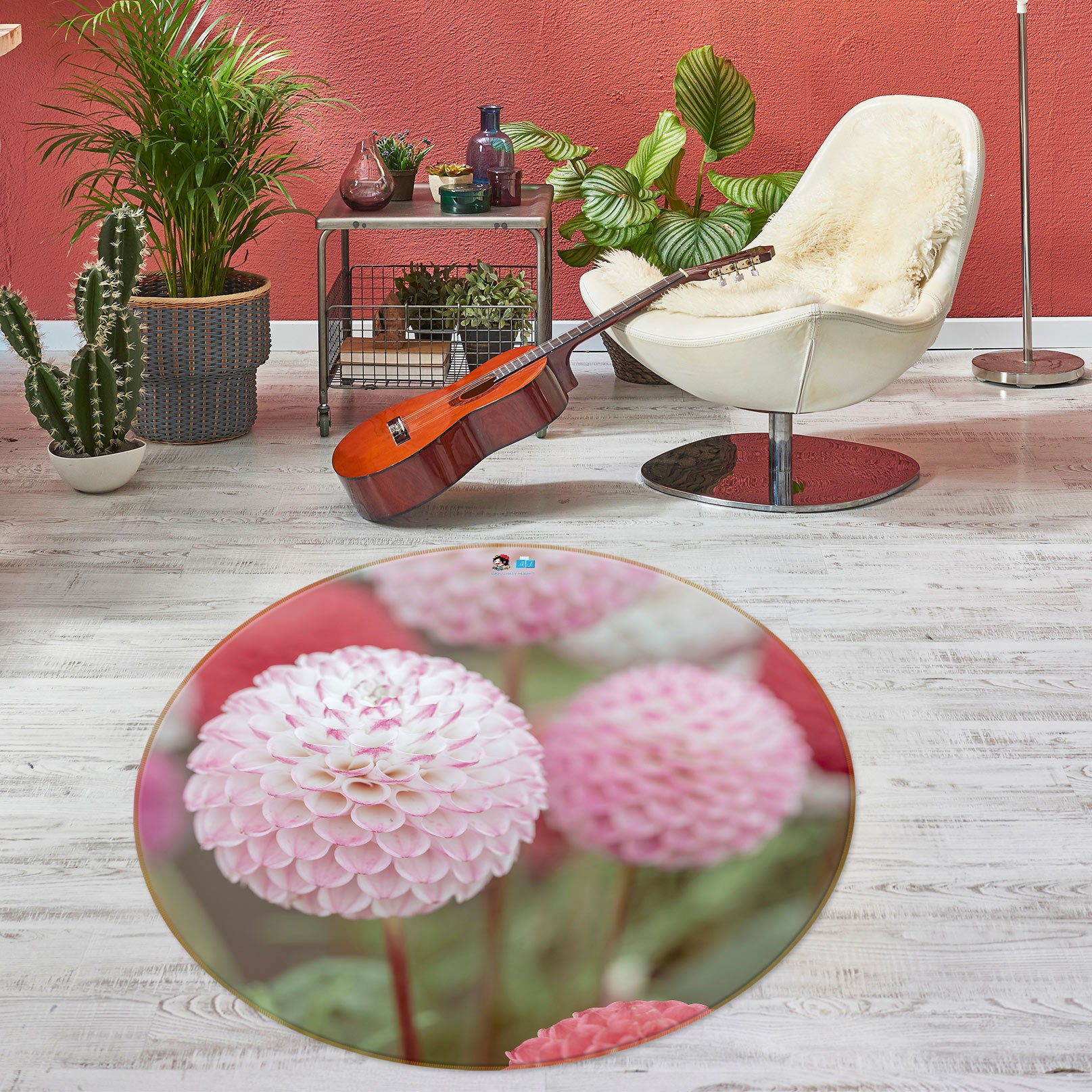 3D Pink Hydrangea 7511 Assaf Frank Rug Round Non Slip Rug Mat