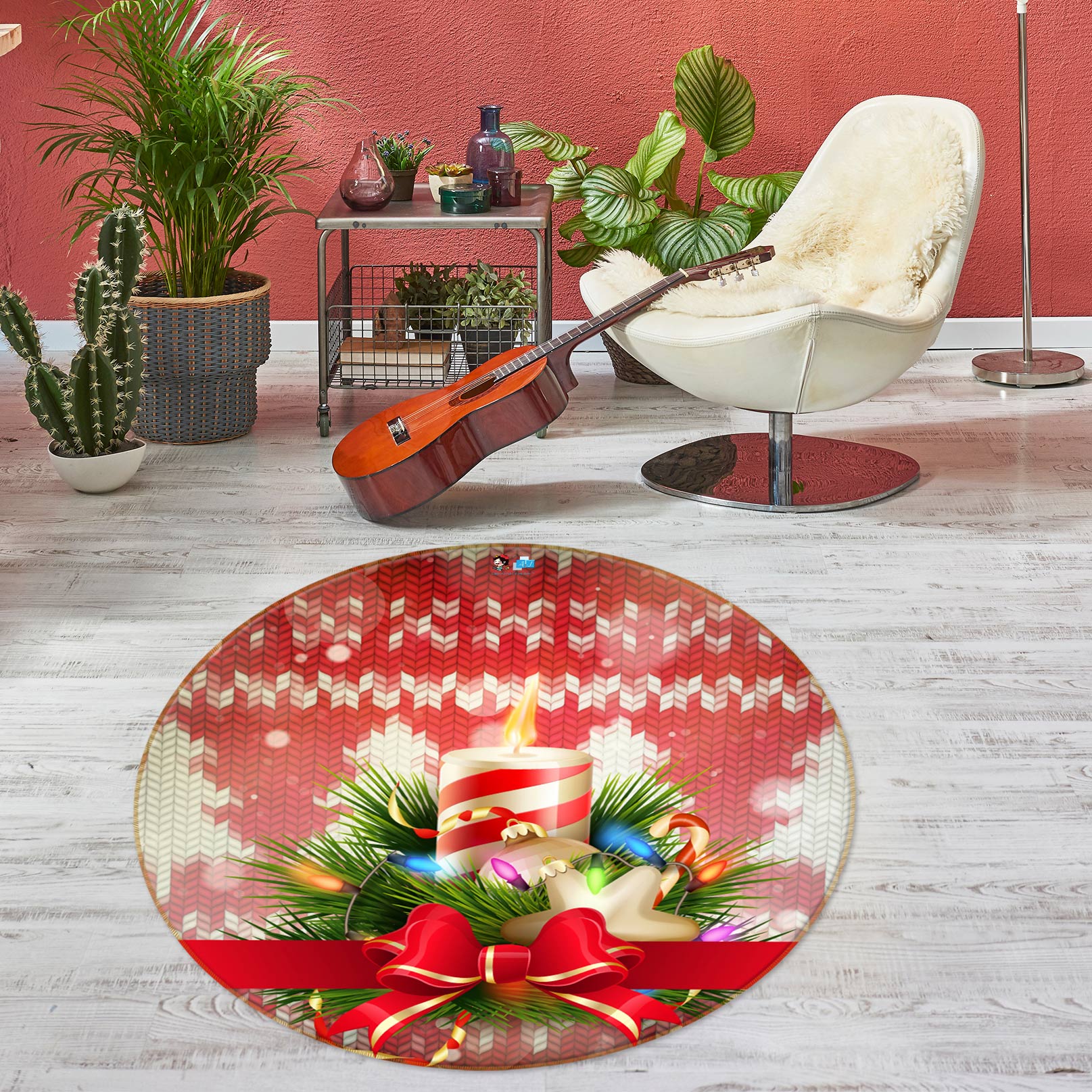3D Candle Bowknot 55177 Christmas Round Non Slip Rug Mat Xmas