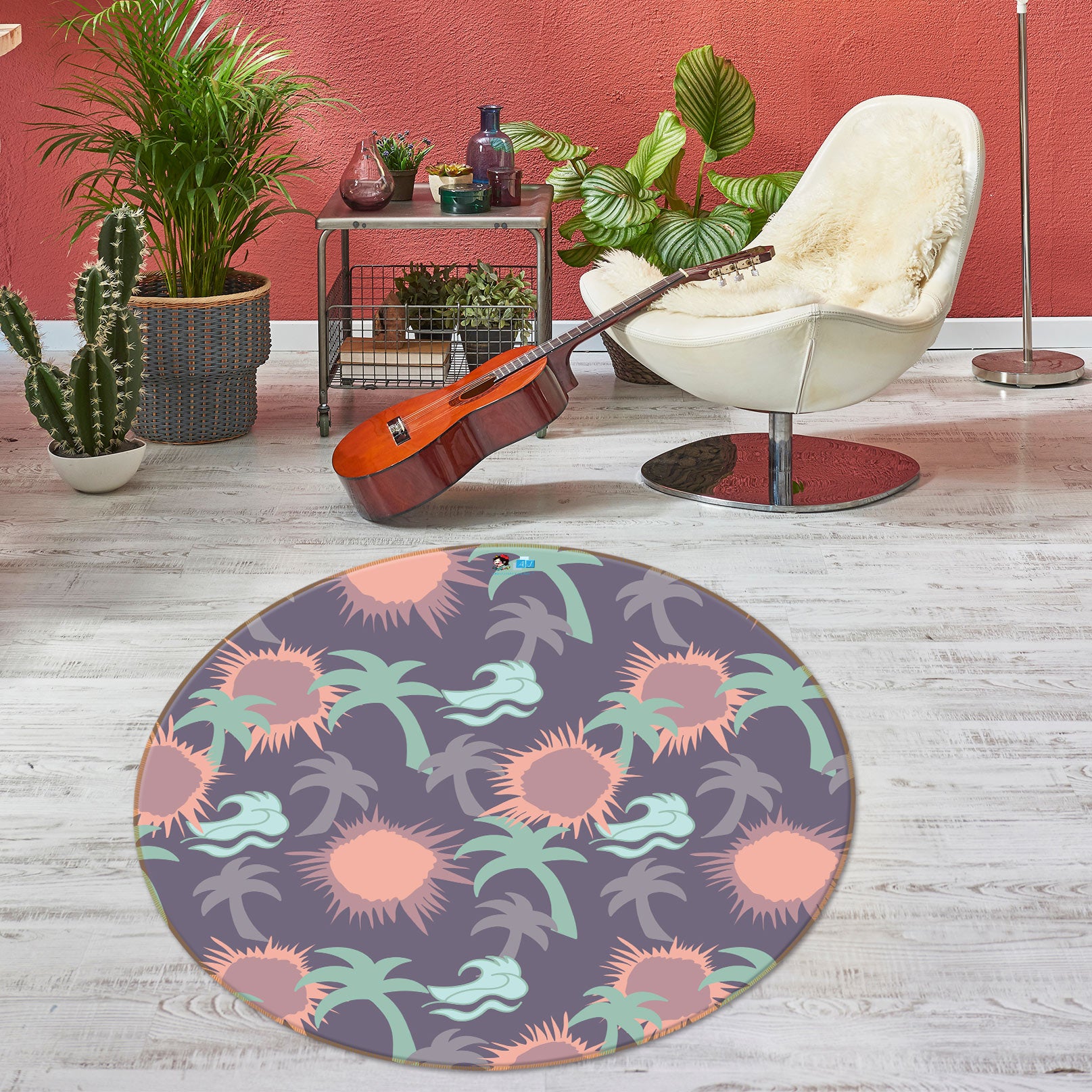 3D Sun Palm Pattern 9896 Kasumi Loffler Rug Round Non Slip Rug Mat