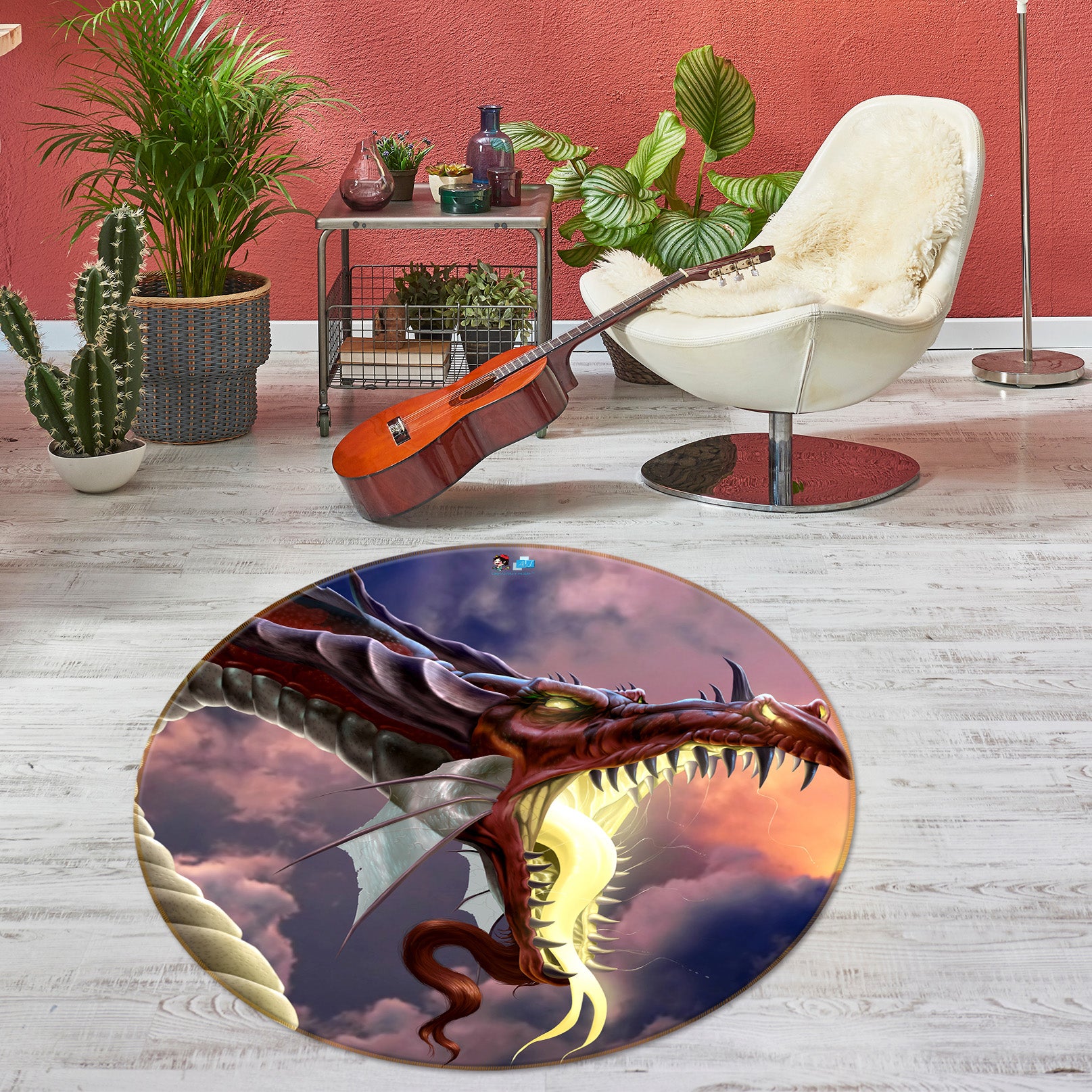 3D Open Mouth Dragon 4191 Tom Wood Rug Round Non Slip Rug Mat