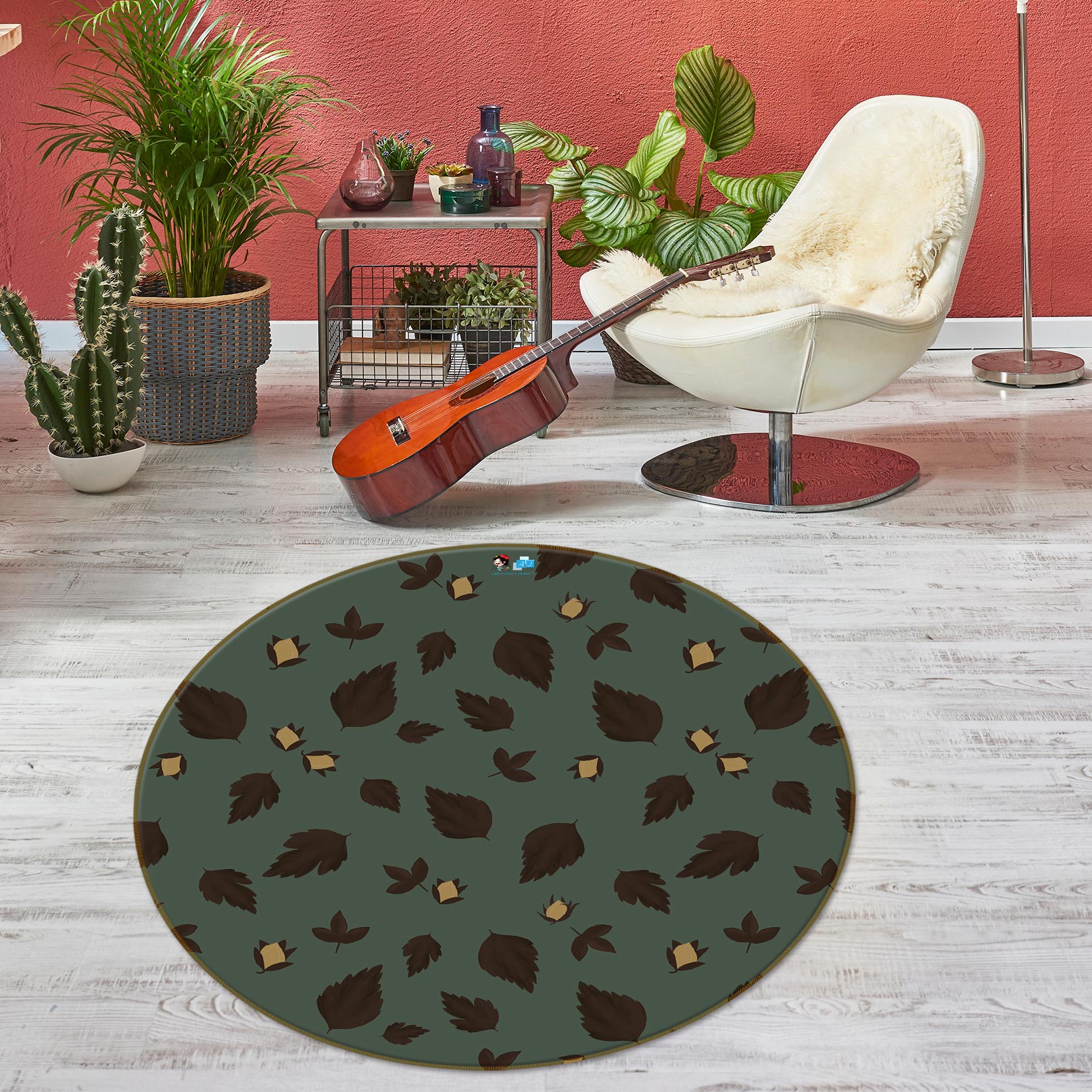 3D Leaves 9899 Kasumi Loffler Rug Round Non Slip Rug Mat