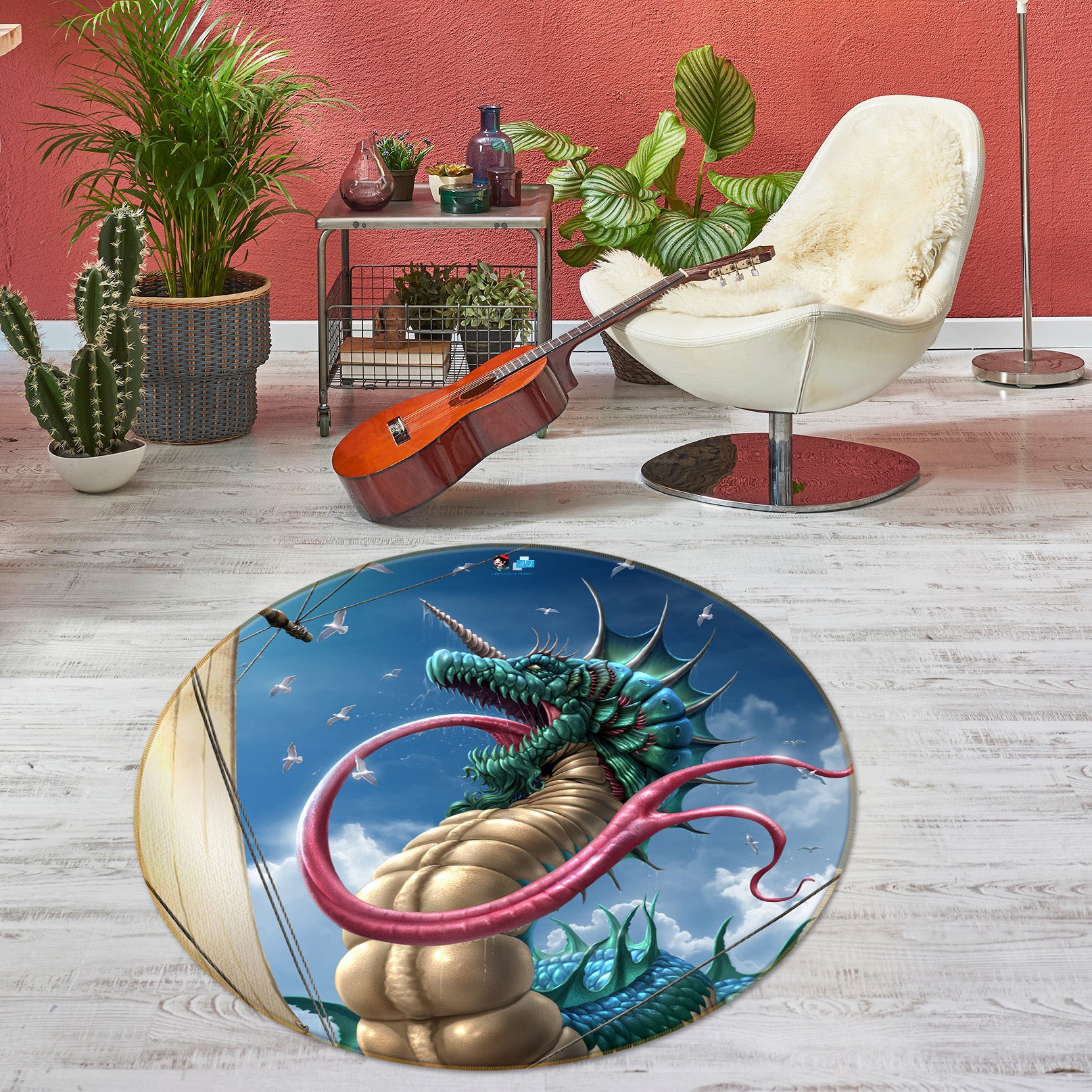3D Long Tongue Dragon 4178 Tom Wood Rug Round Non Slip Rug Mat