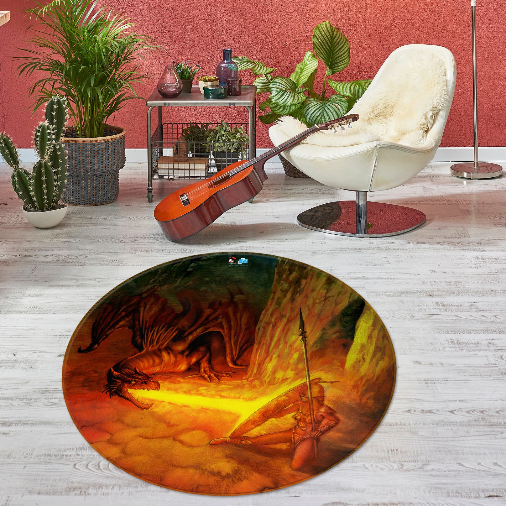 3D Fire Dragon Shield Soldier 6117 Ciruelo Rug Round Non Slip Rug Mat